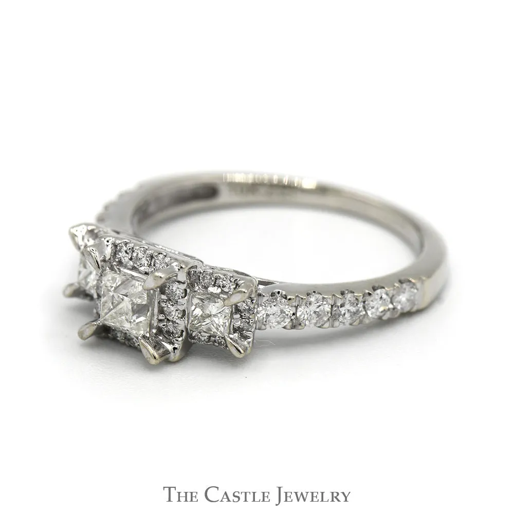 1cttw Three Stone Princess Cut Diamond Engagement Ring with Square Halos and Accents in 10k White Gold