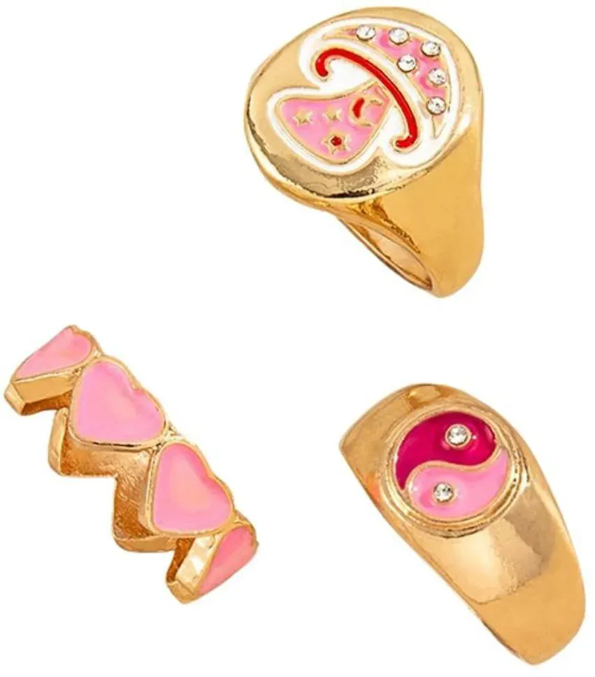 3 Pcs Oil Dripping Nd Mushroomdecor Ring For Womens & Girls Alloy Gold Plated Ring Set - Set Of 3