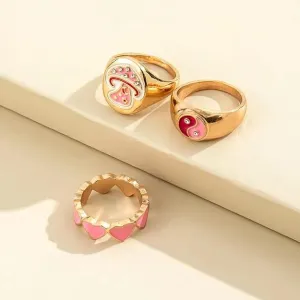 3 Pcs Oil Dripping Nd Mushroomdecor Ring For Womens & Girls Alloy Gold Plated Ring Set - Set Of 3