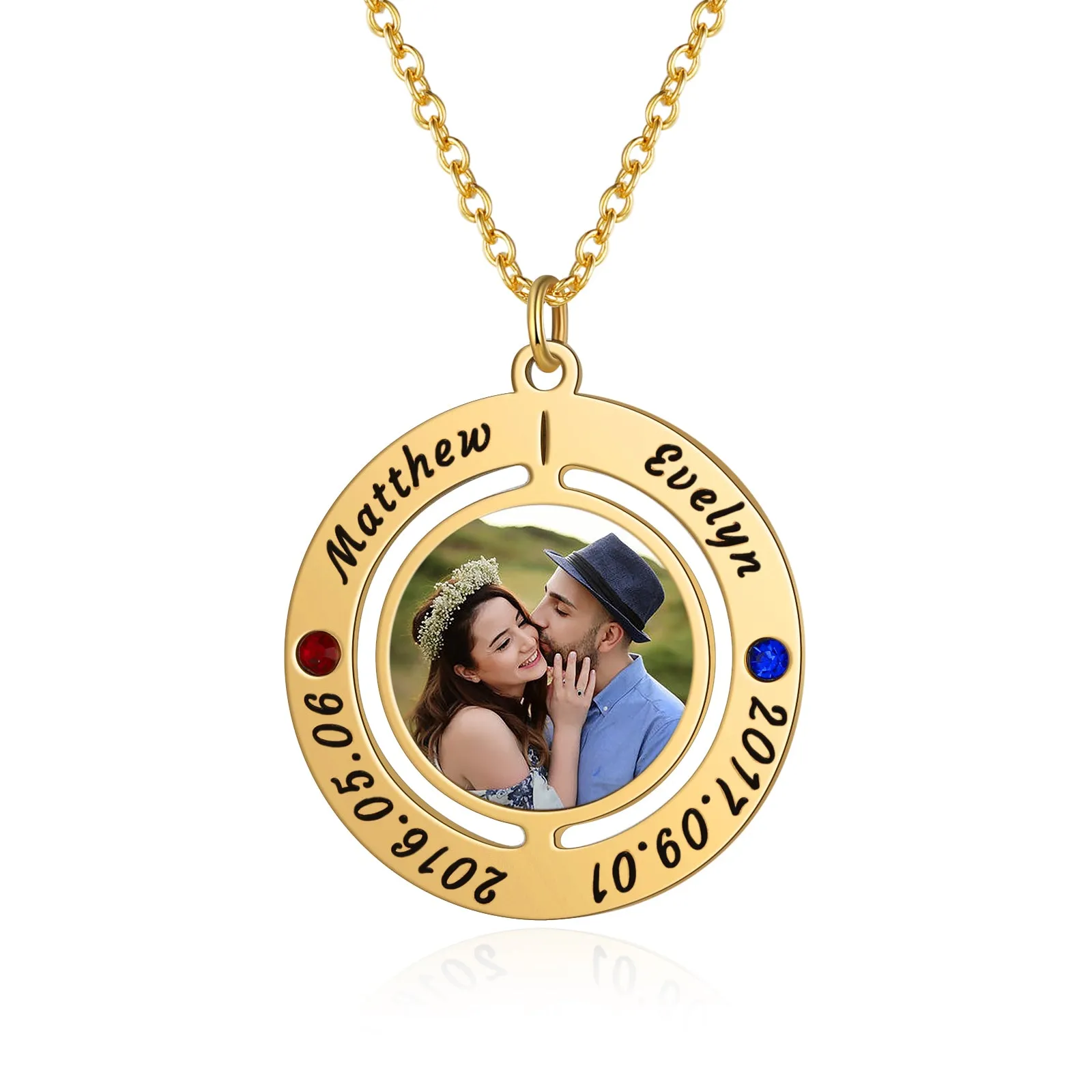 4FunGift® Custom Photo Necklace with 2 Names 2 Dates 2 Birthstones Anniversary Jewelry USA