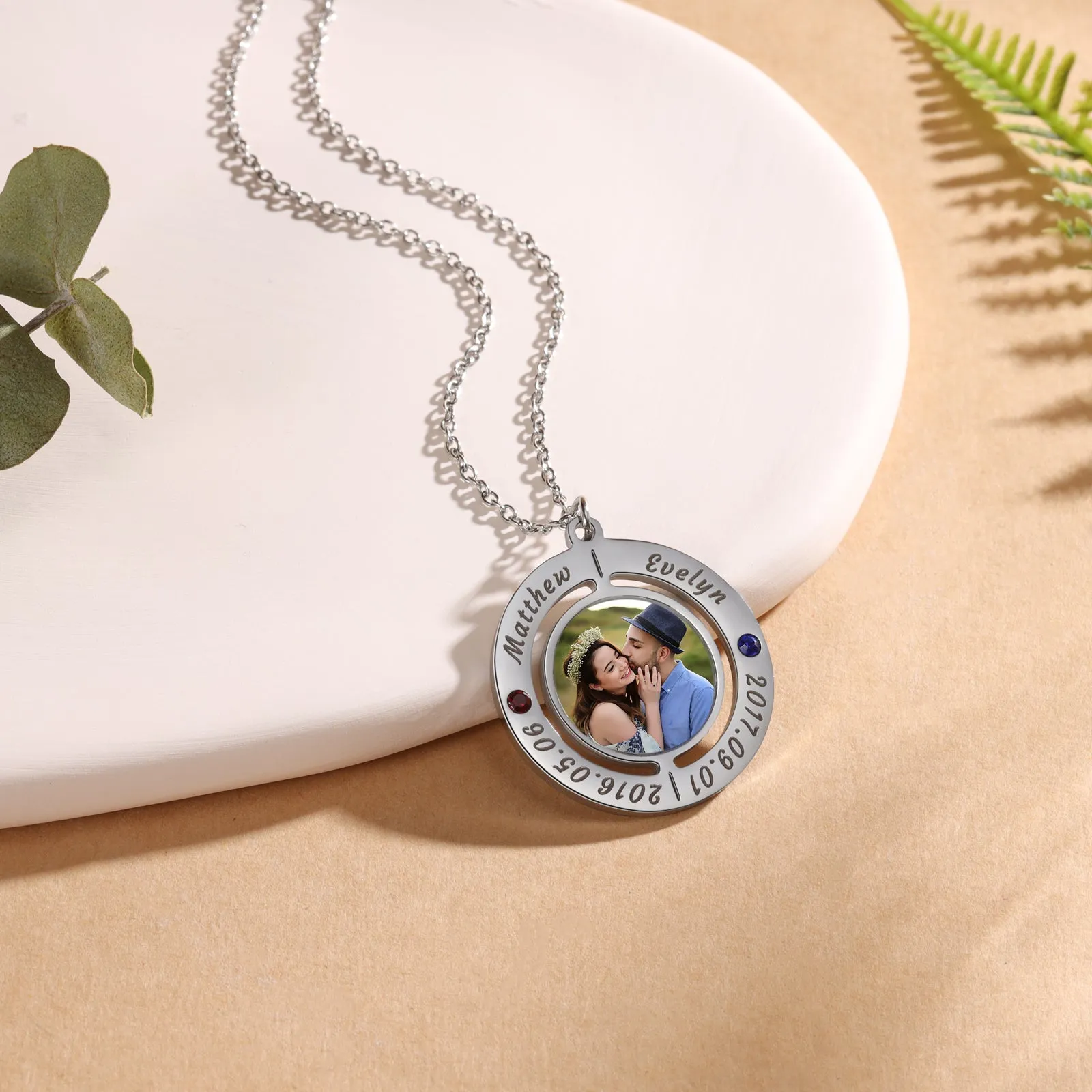 4FunGift® Custom Photo Necklace with 2 Names 2 Dates 2 Birthstones Anniversary Jewelry USA