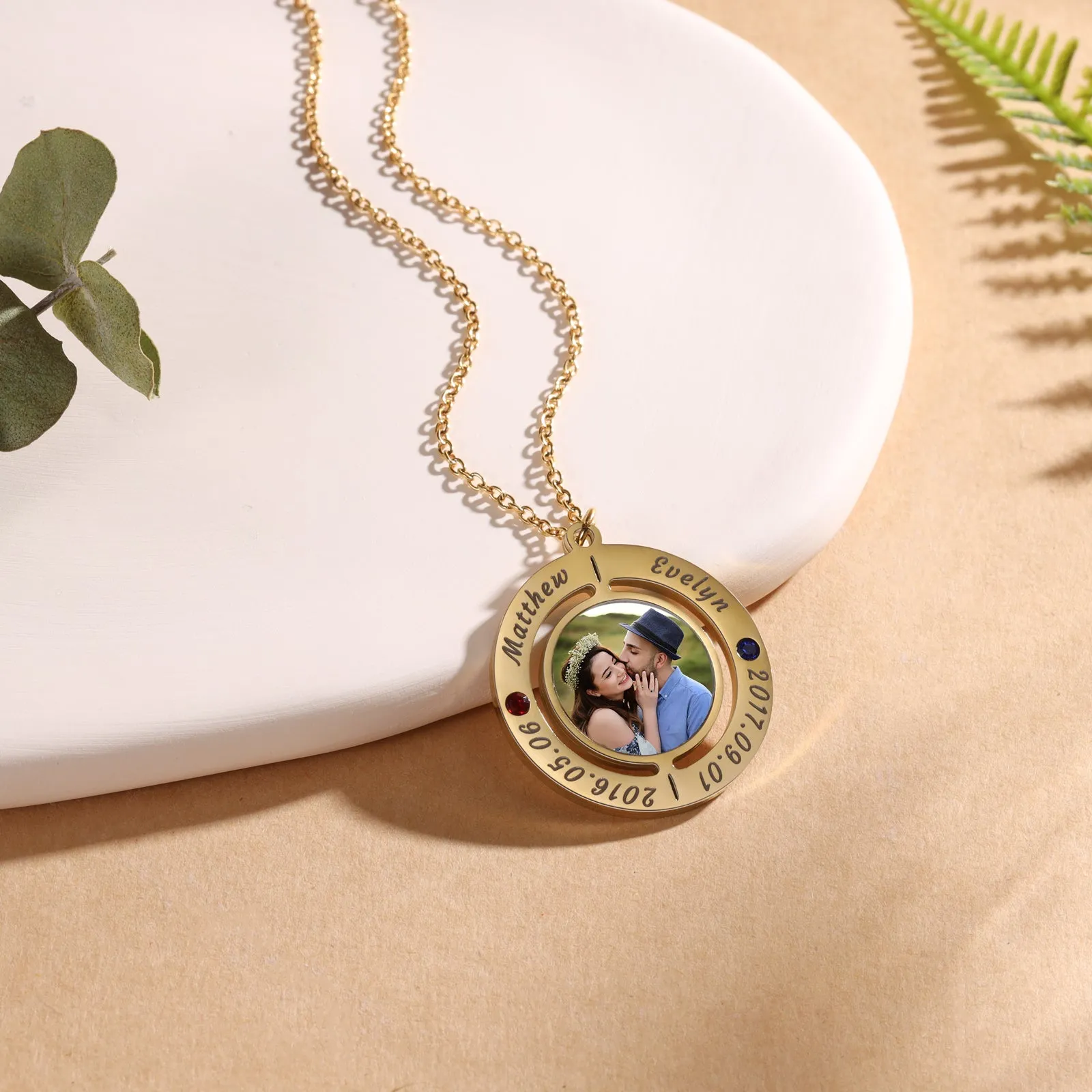 4FunGift® Custom Photo Necklace with 2 Names 2 Dates 2 Birthstones Anniversary Jewelry USA