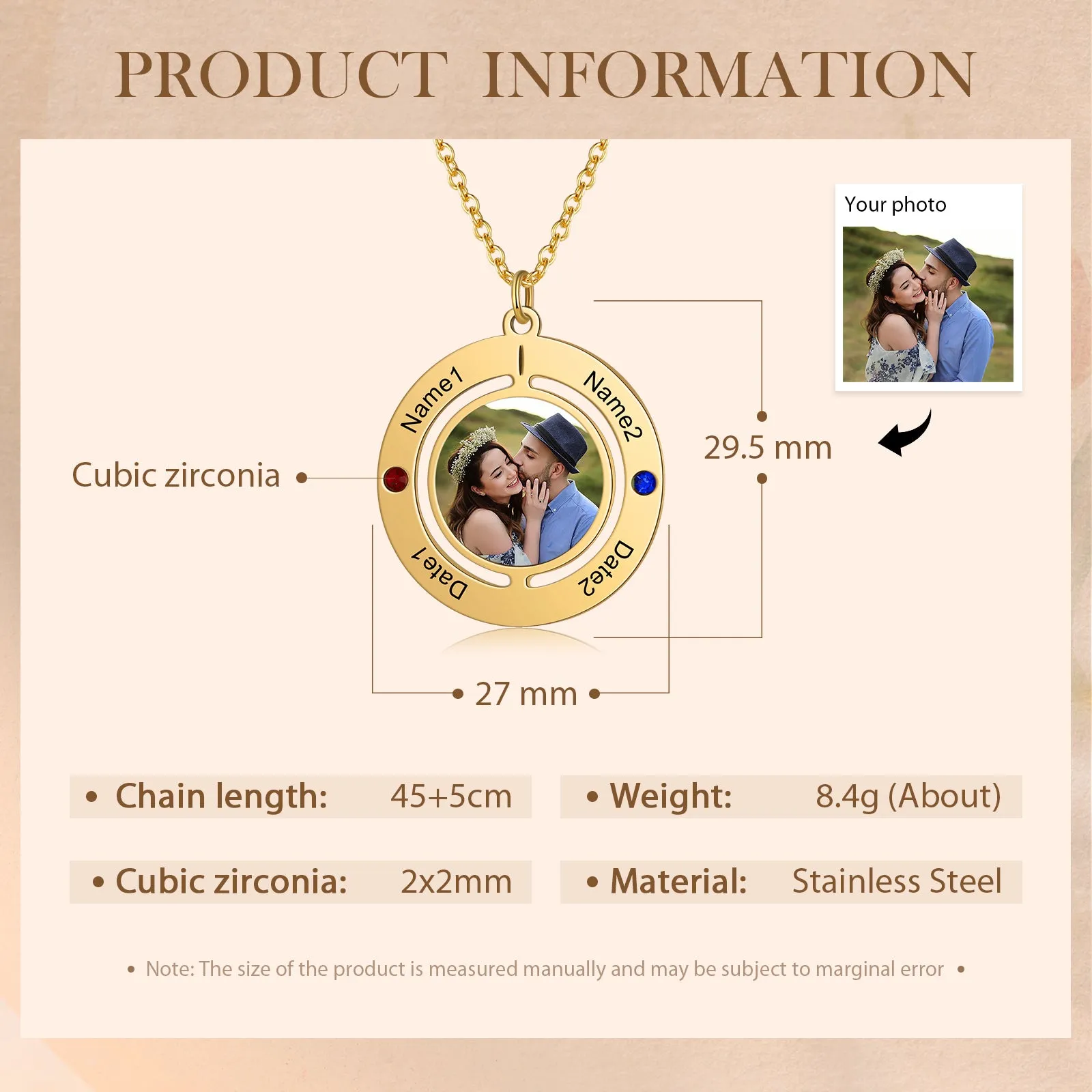 4FunGift® Custom Photo Necklace with 2 Names 2 Dates 2 Birthstones Anniversary Jewelry USA