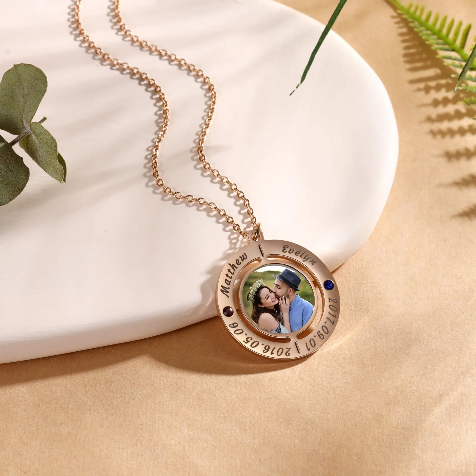 4FunGift® Custom Photo Necklace with 2 Names 2 Dates 2 Birthstones Anniversary Jewelry USA