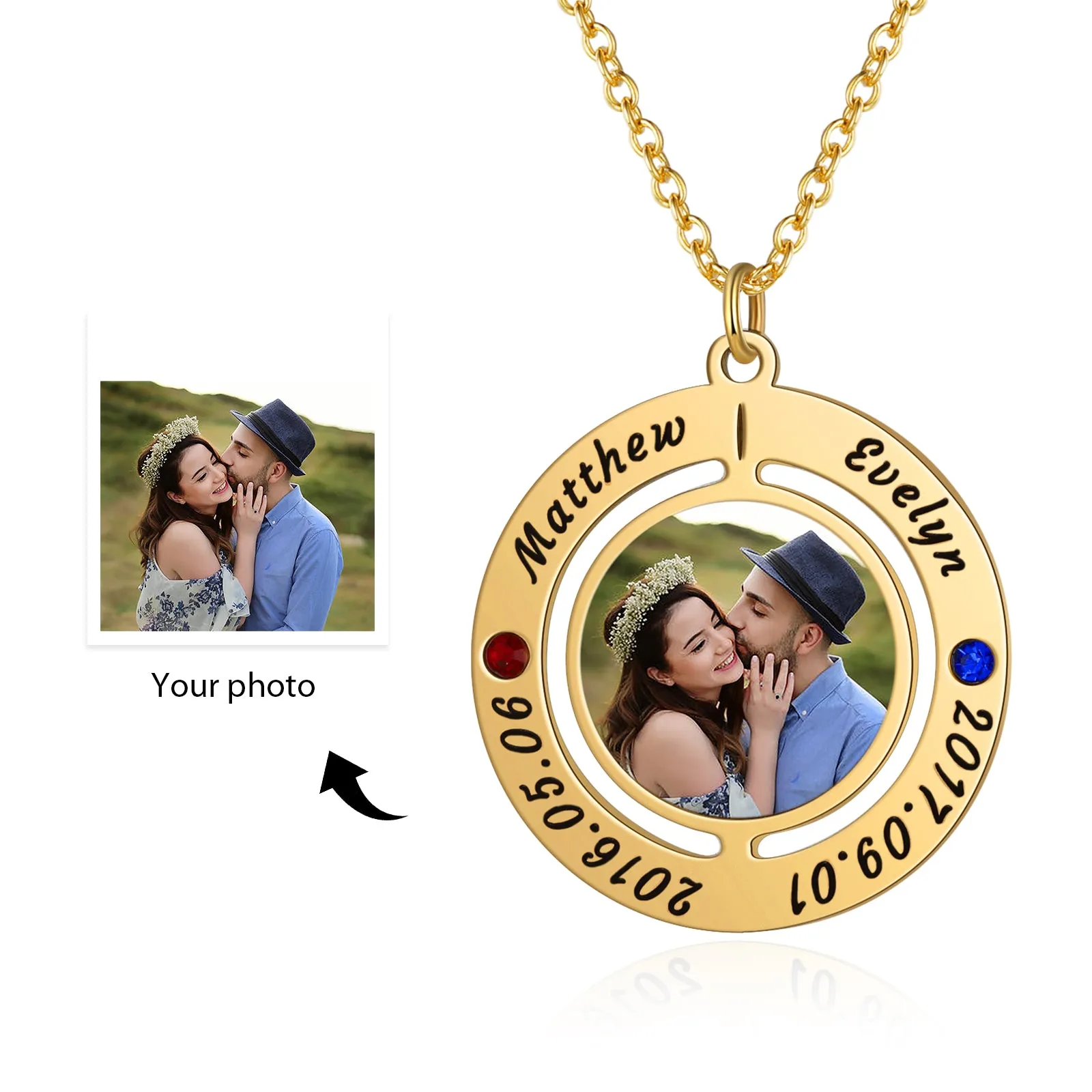4FunGift® Custom Photo Necklace with 2 Names 2 Dates 2 Birthstones Anniversary Jewelry USA