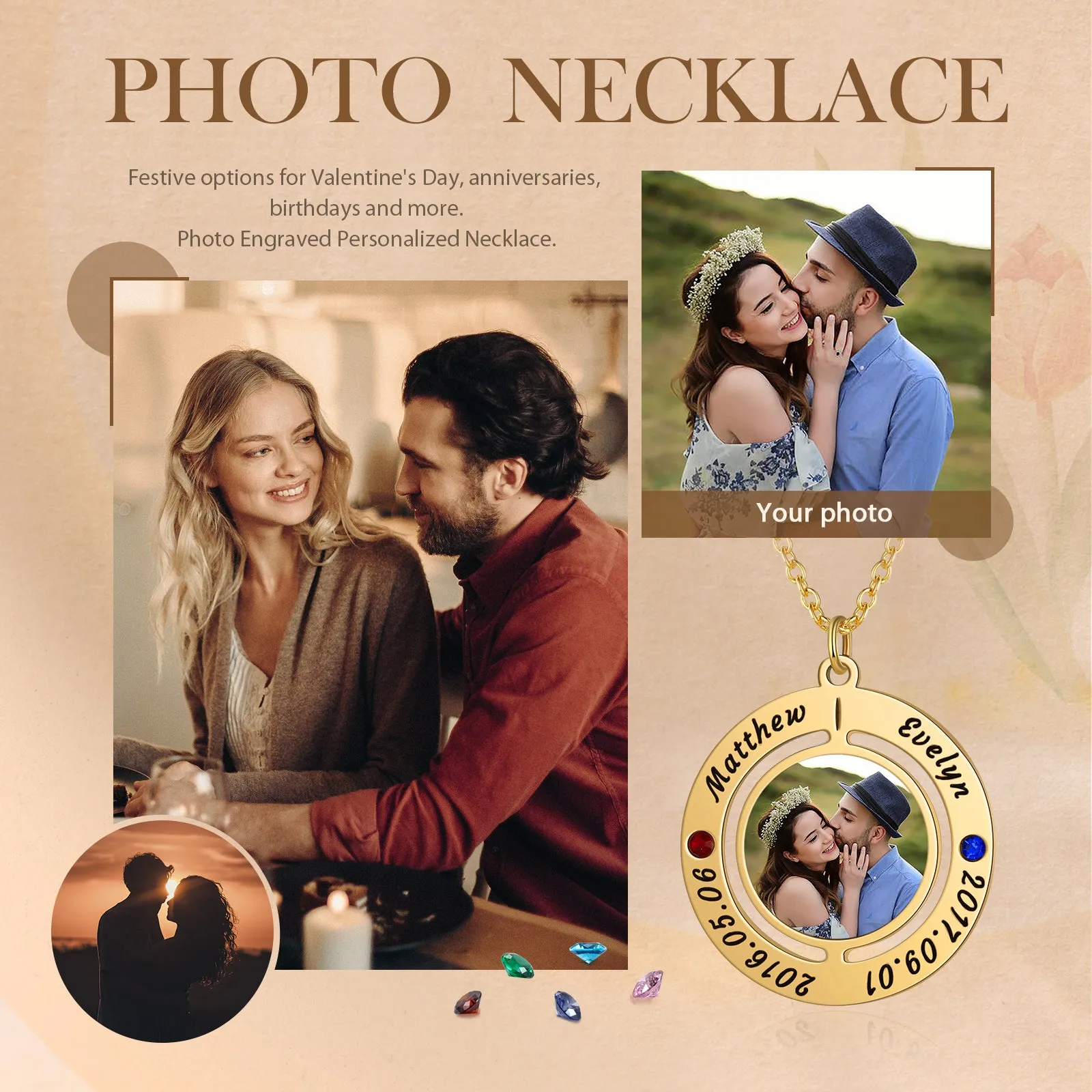 4FunGift® Custom Photo Necklace with 2 Names 2 Dates 2 Birthstones Anniversary Jewelry USA