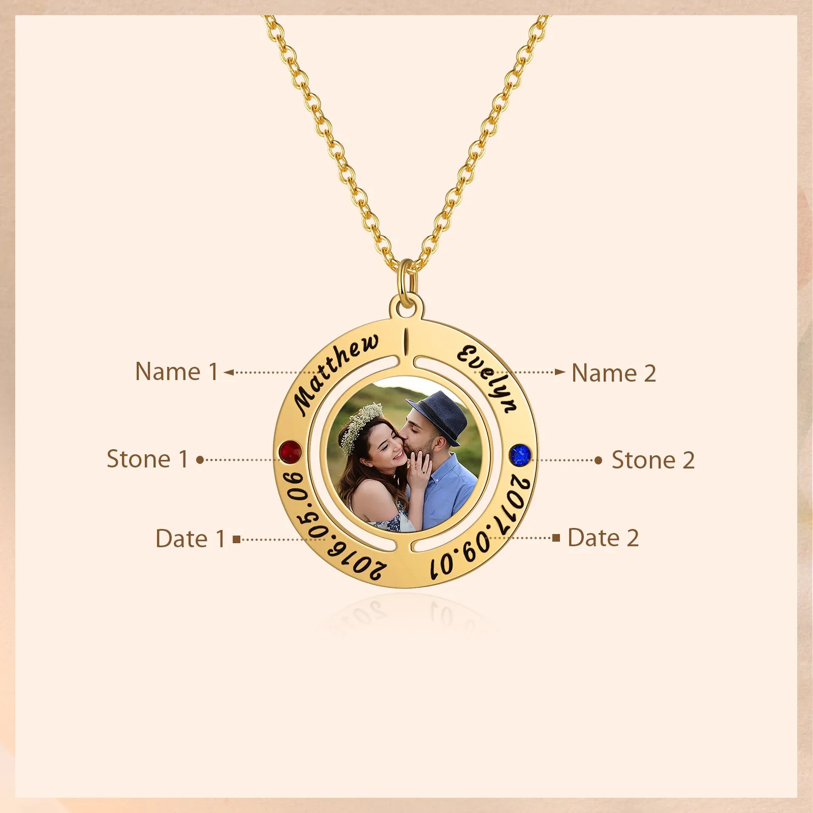 4FunGift® Custom Photo Necklace with 2 Names 2 Dates 2 Birthstones Anniversary Jewelry USA