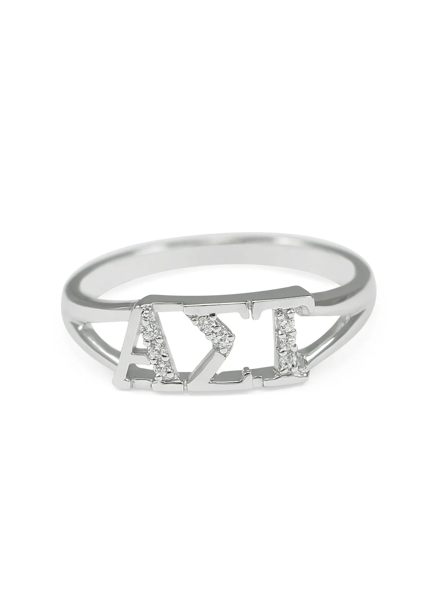 Alpha Sigma Tau Sterling Silver Ring with Simulated Diamonds