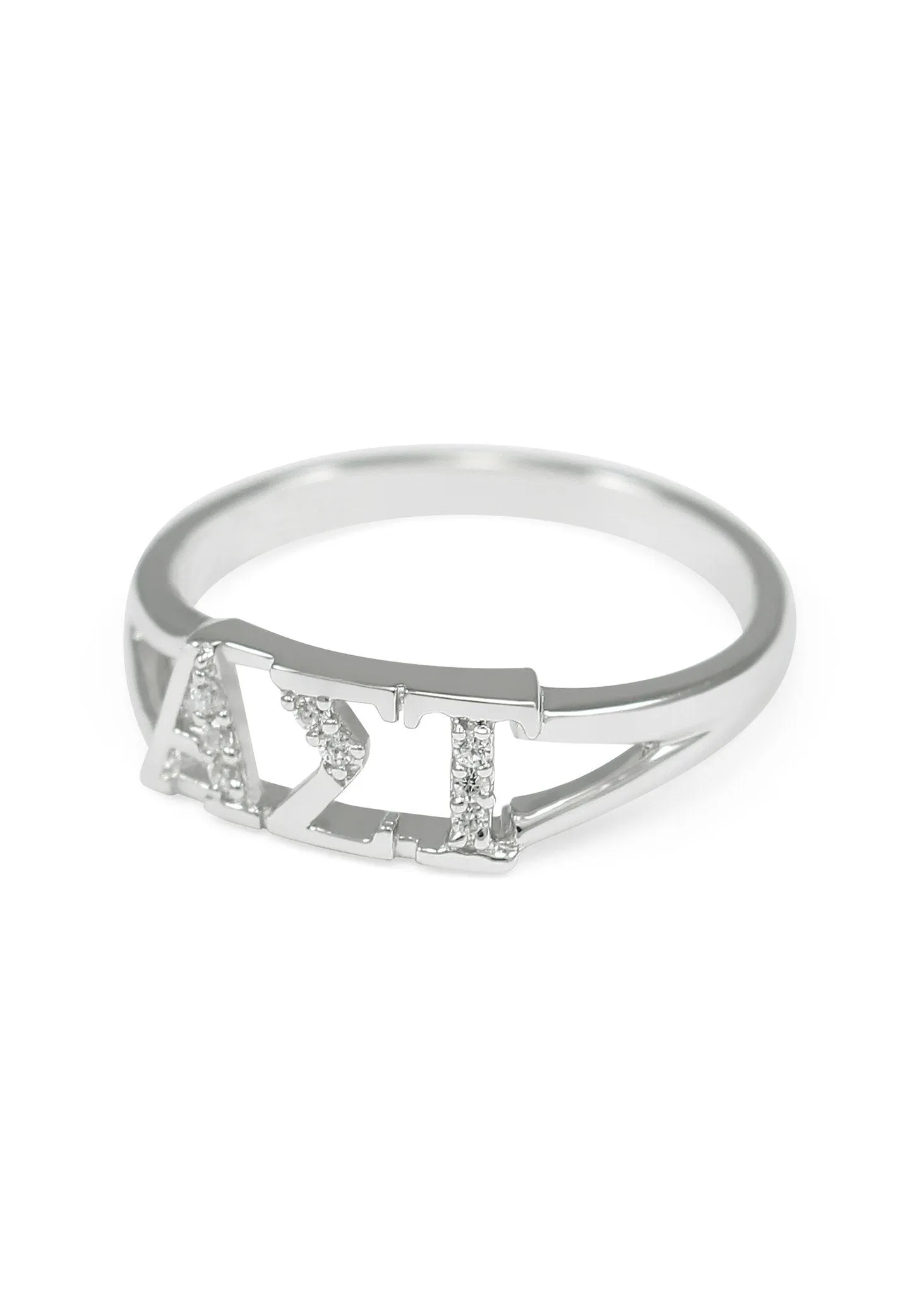 Alpha Sigma Tau Sterling Silver Ring with Simulated Diamonds