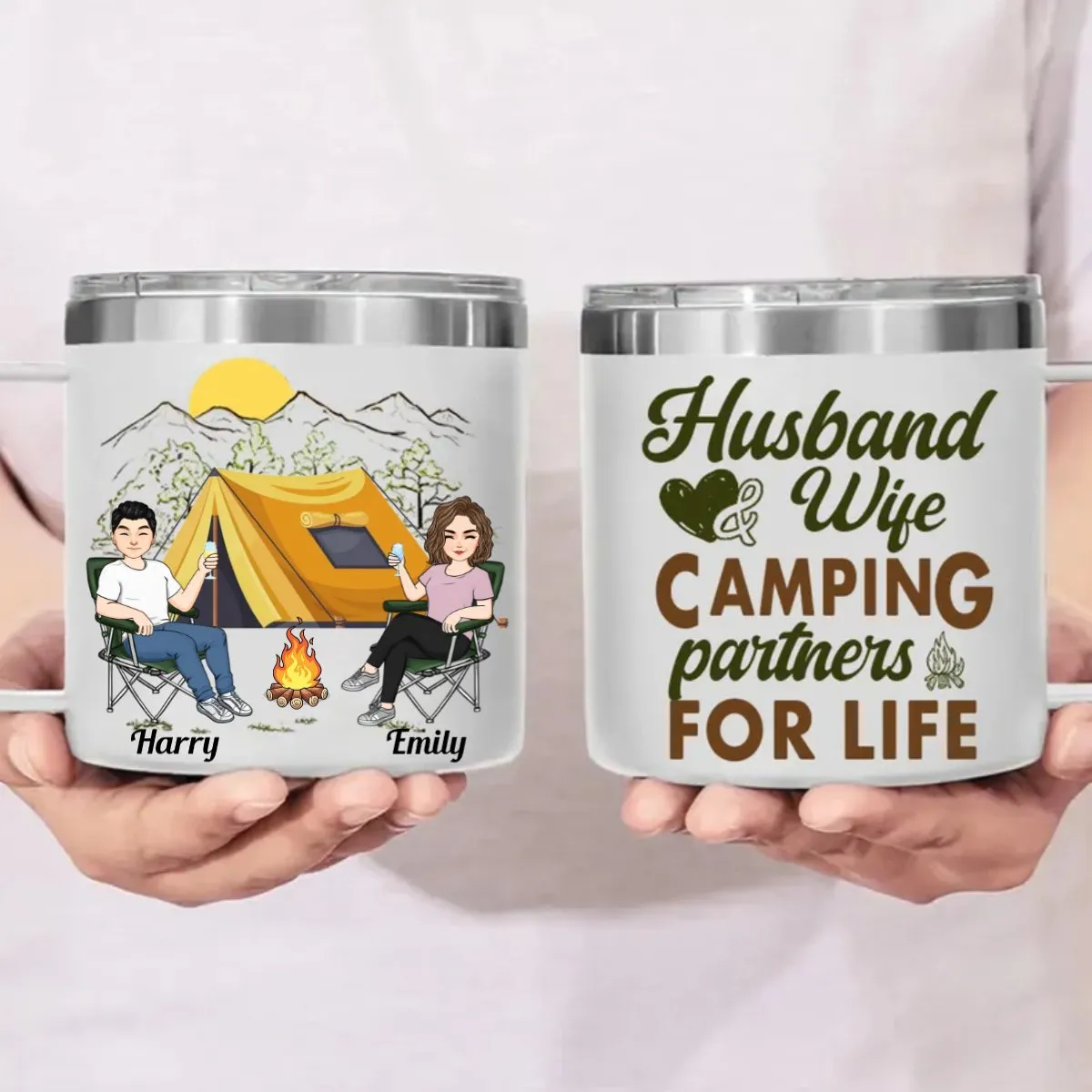 Couple - Husband & Wife, Camping Partners For Life - Personalized Stainless Steel Tumbler With Handle (TB)
