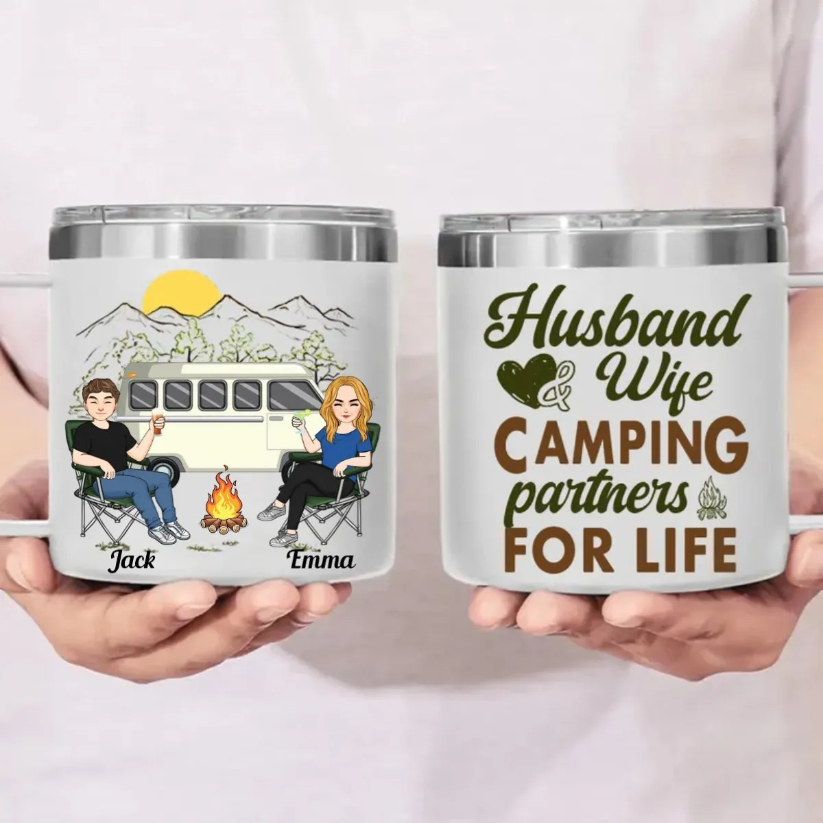 Couple - Husband & Wife, Camping Partners For Life - Personalized Stainless Steel Tumbler With Handle (TB)