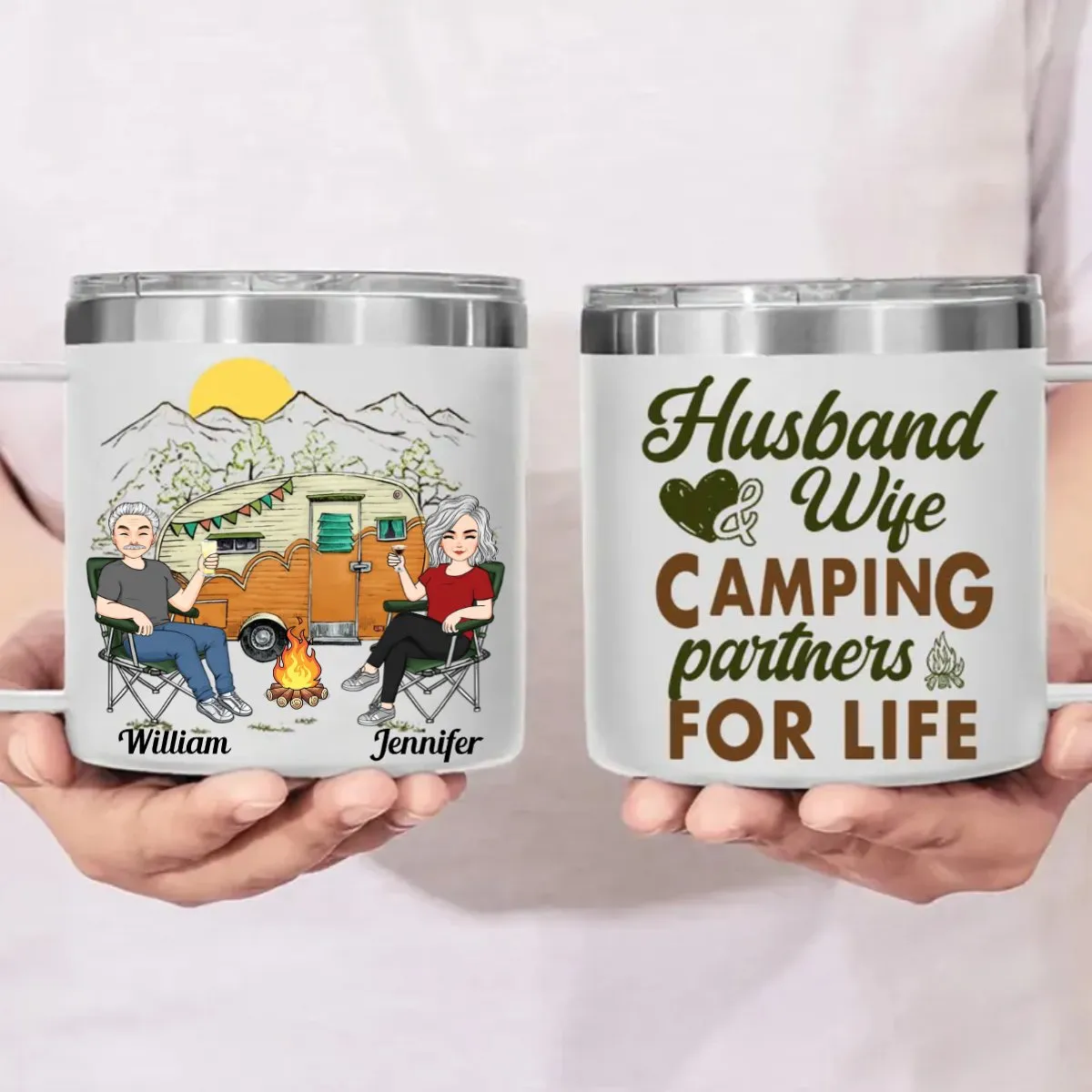Couple - Husband & Wife, Camping Partners For Life - Personalized Stainless Steel Tumbler With Handle (TB)