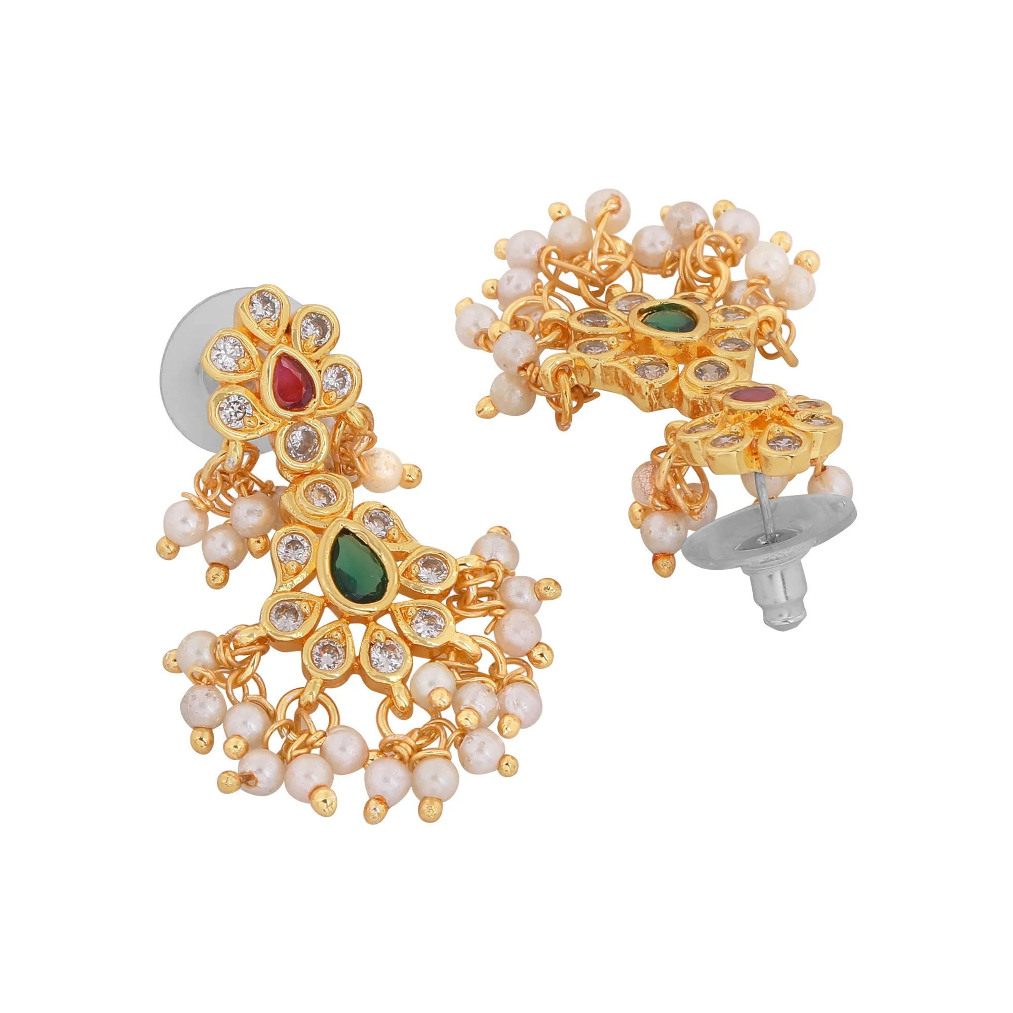 Estele Gold Plated CZ Scintillating Flower Designer Earrings with Pearls for Women