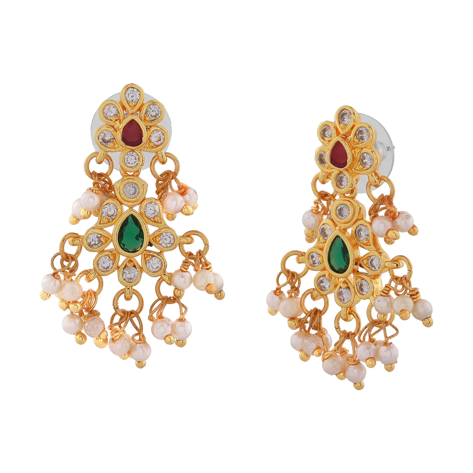 Estele Gold Plated CZ Scintillating Flower Designer Earrings with Pearls for Women