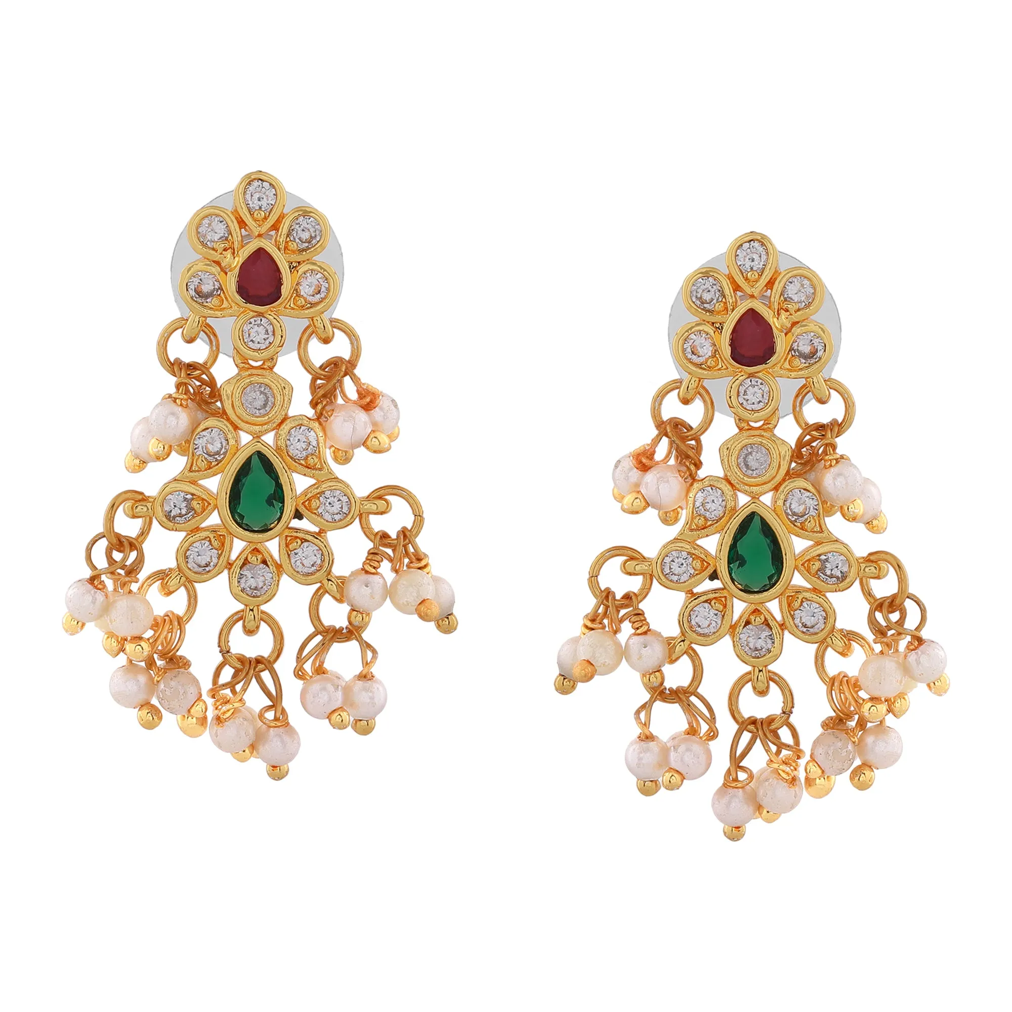 Estele Gold Plated CZ Scintillating Flower Designer Earrings with Pearls for Women