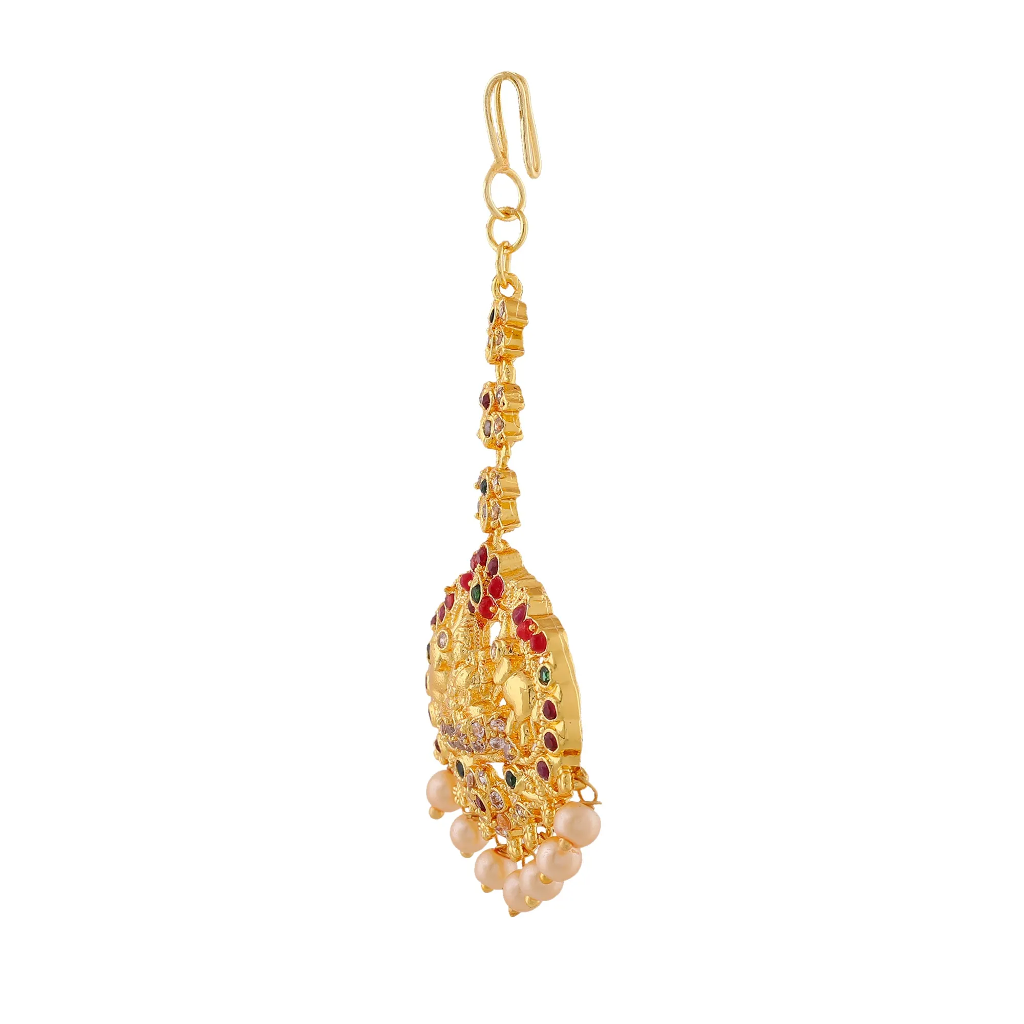 Estele Gold Plated CZ Traditional Lakshmi Devi Designer Maang Tikka with Pearl for Women