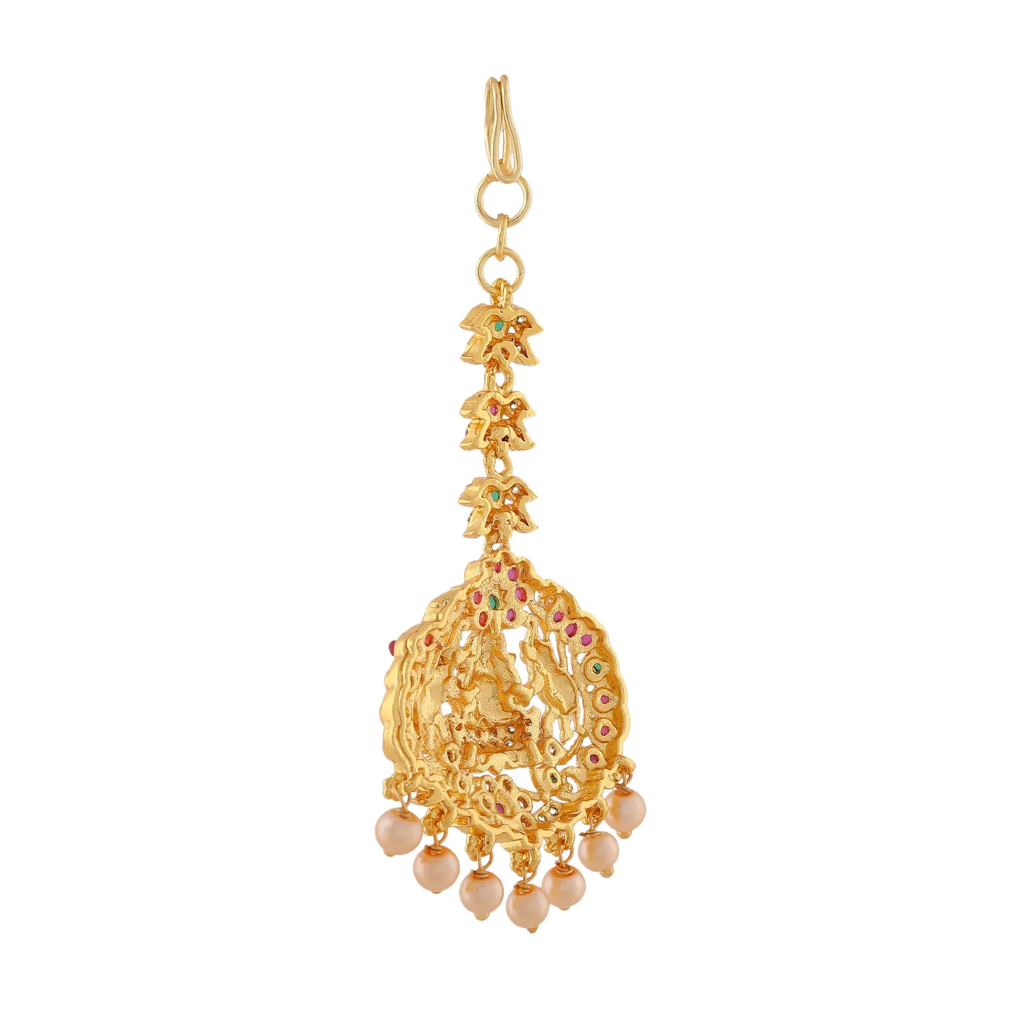 Estele Gold Plated CZ Traditional Lakshmi Devi Designer Maang Tikka with Pearl for Women