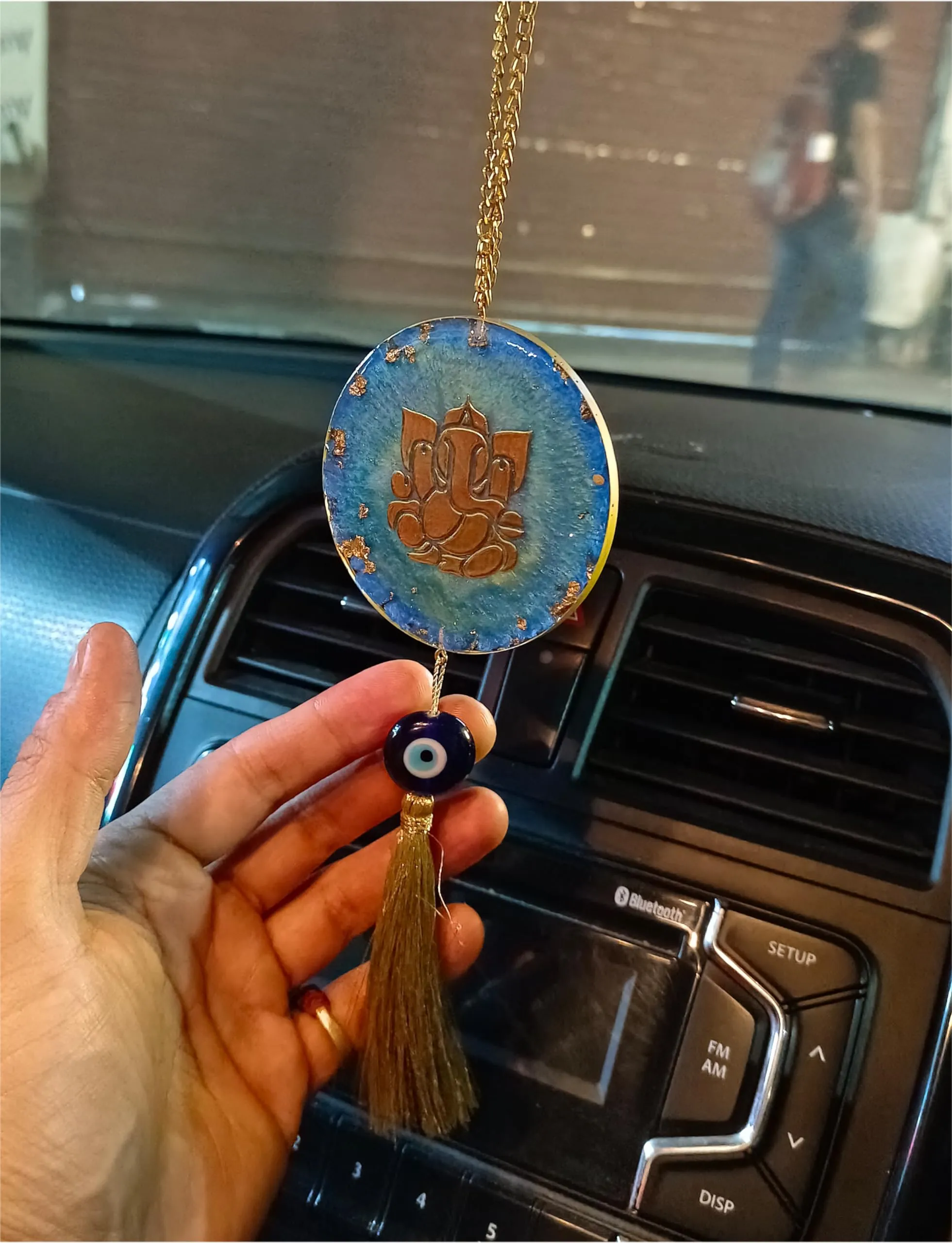 GAC Special 3D Ganesha Evil Eye Resin Car Hanging | Double Sided | (Can be Used as Home Decor, Gift, Wall Hangings, Meditation Room, Yoga Temple, Wind Chime) 1pc