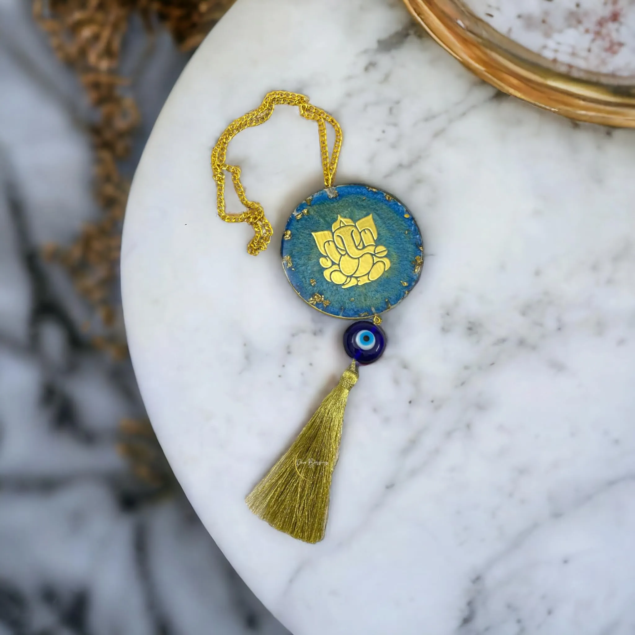 GAC Special 3D Ganesha Evil Eye Resin Car Hanging | Double Sided | (Can be Used as Home Decor, Gift, Wall Hangings, Meditation Room, Yoga Temple, Wind Chime) 1pc