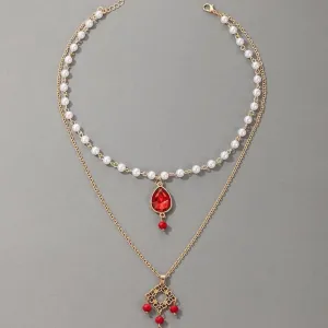 Gemstone Decor Layered Necklace For Women And Girls Pearl Brass Chain