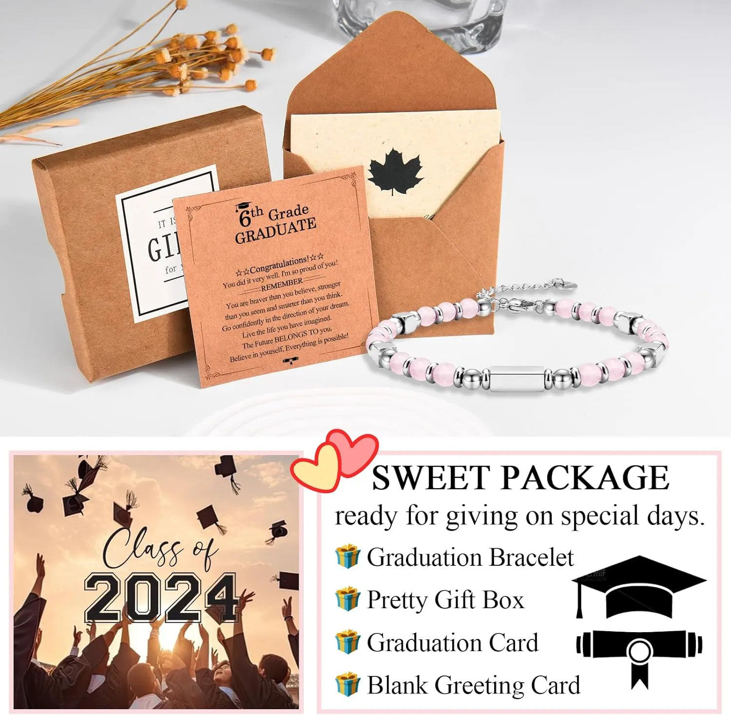 Gifts for Girls, Graduation Back to School First Day of School Gifts Bracelets for Daughter Granddaughter Niece Sister with Inspirational Card