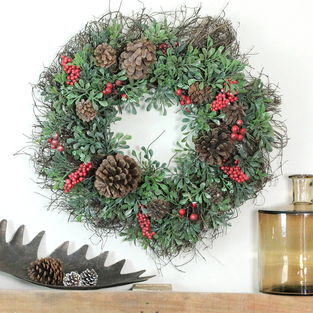 Glittered Pine Cone And Red Berry Artificial Christmas Wreath