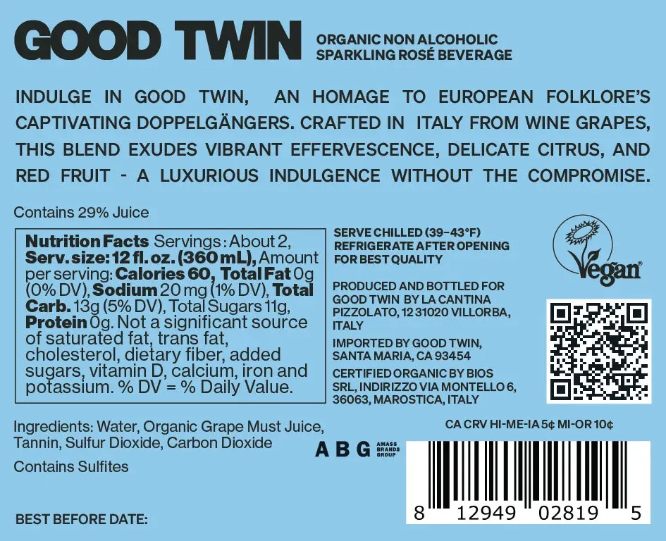 GOOD TWIN ORGANIC SPARKLING ROSE NON- ALC