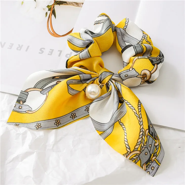 Hair Scrunchies Elastic Hair Bands Hair Scarf Bow with Pearl Pendant Colorful Chain Design