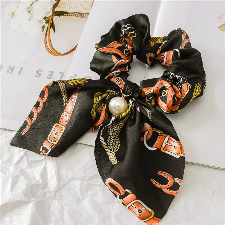 Hair Scrunchies Elastic Hair Bands Hair Scarf Bow with Pearl Pendant Colorful Chain Design