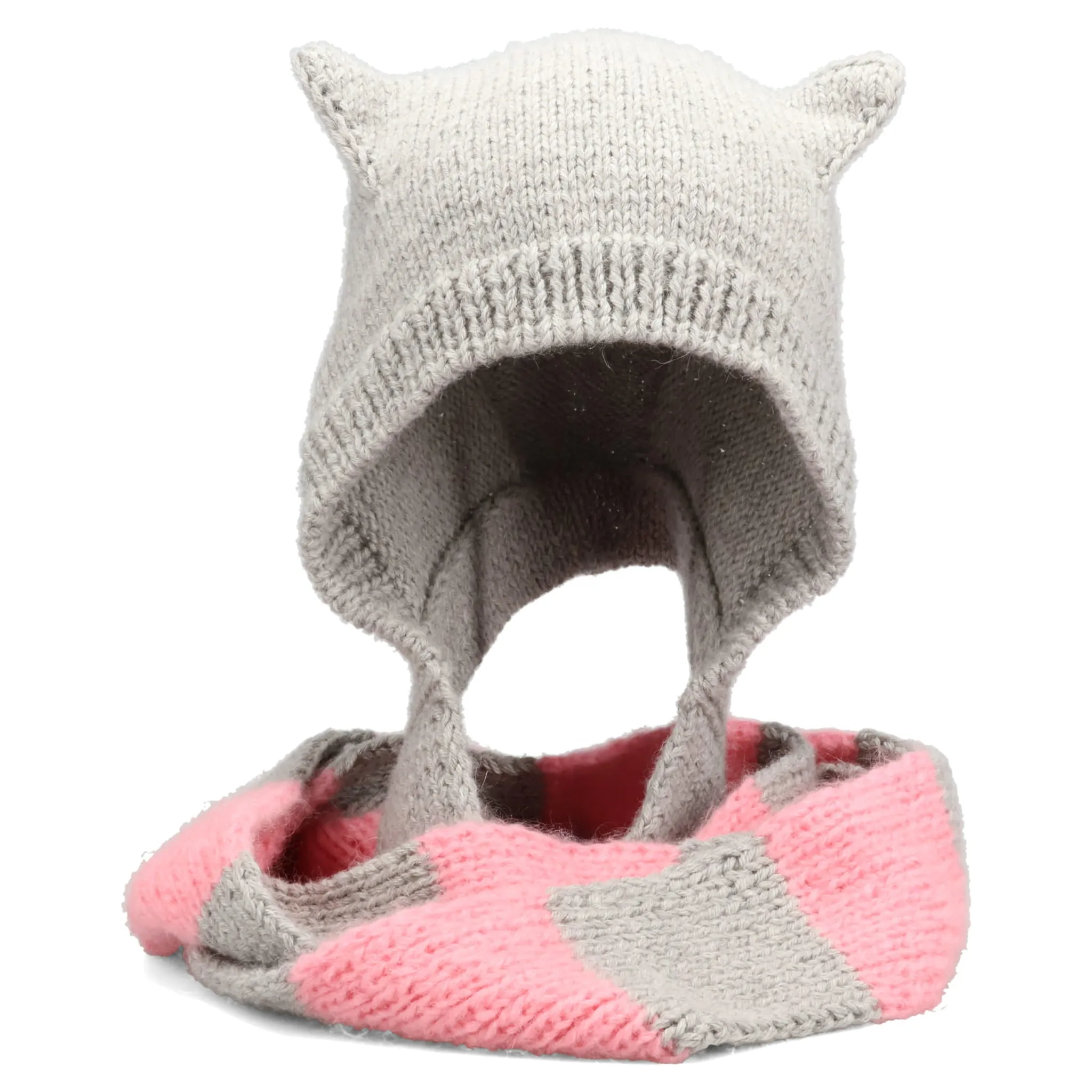 HAND KNITTED FAWN BALACLAVA-SCARF / GREY/ROSE