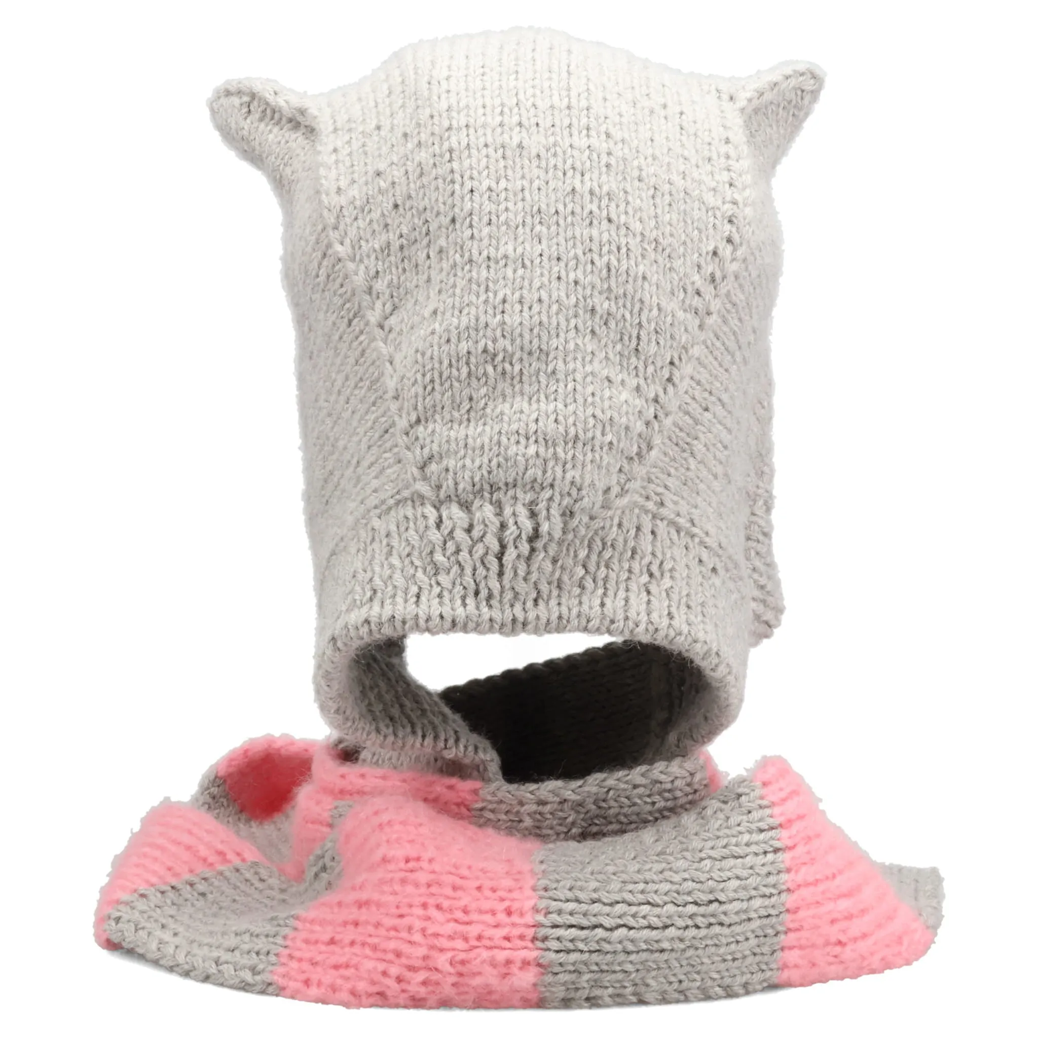 HAND KNITTED FAWN BALACLAVA-SCARF / GREY/ROSE