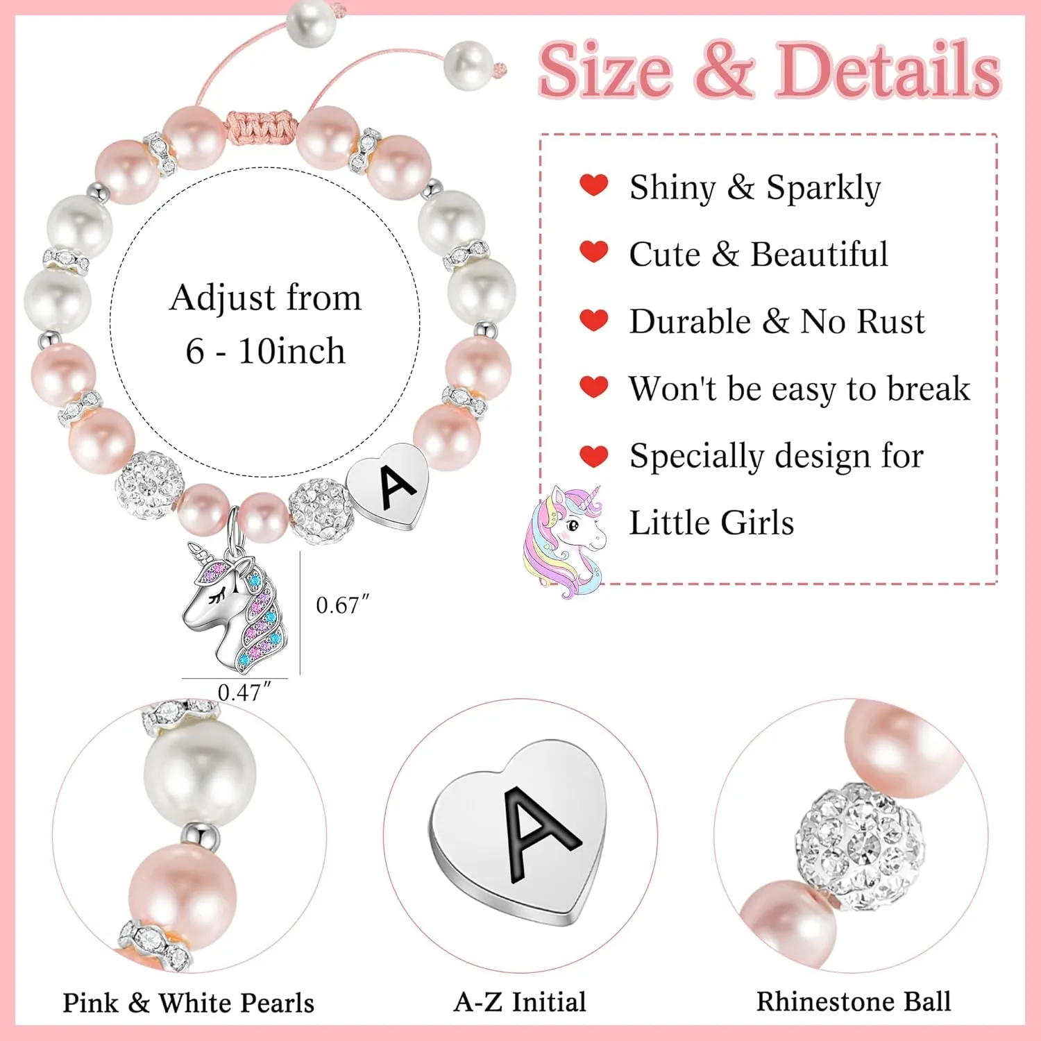 Hidepoo Unicorn Bracelet Graduation Gifts for Girls - Pink Pearl and Rhinestone Balls Heart Initial Unicorn Bracelets Jewelry CZ Unicorn Bracelet Kindergarten Graduation Birthday Gifts for Girls