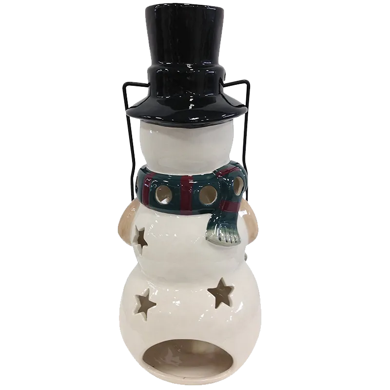 Holiday Snowman Candle Lantern - Solid Stoneware Christmas Statuary