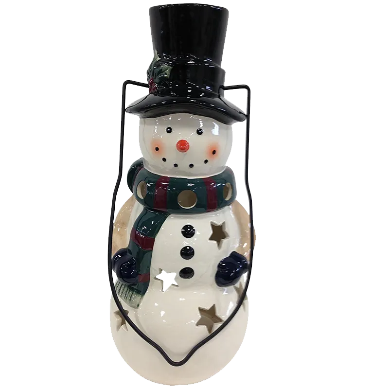 Holiday Snowman Candle Lantern - Solid Stoneware Christmas Statuary