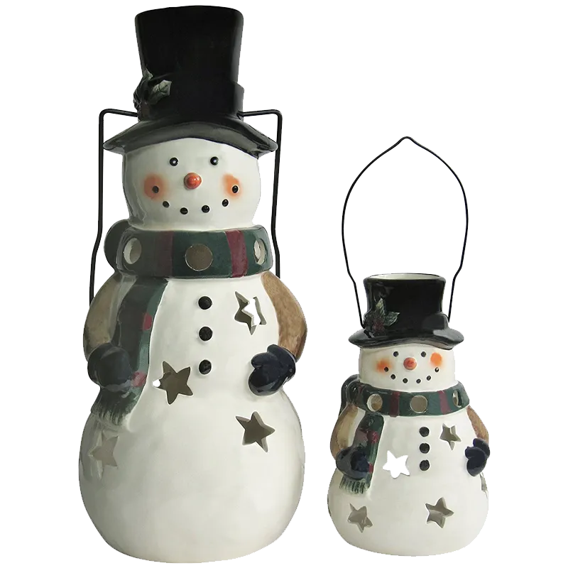 Holiday Snowman Candle Lantern - Solid Stoneware Christmas Statuary