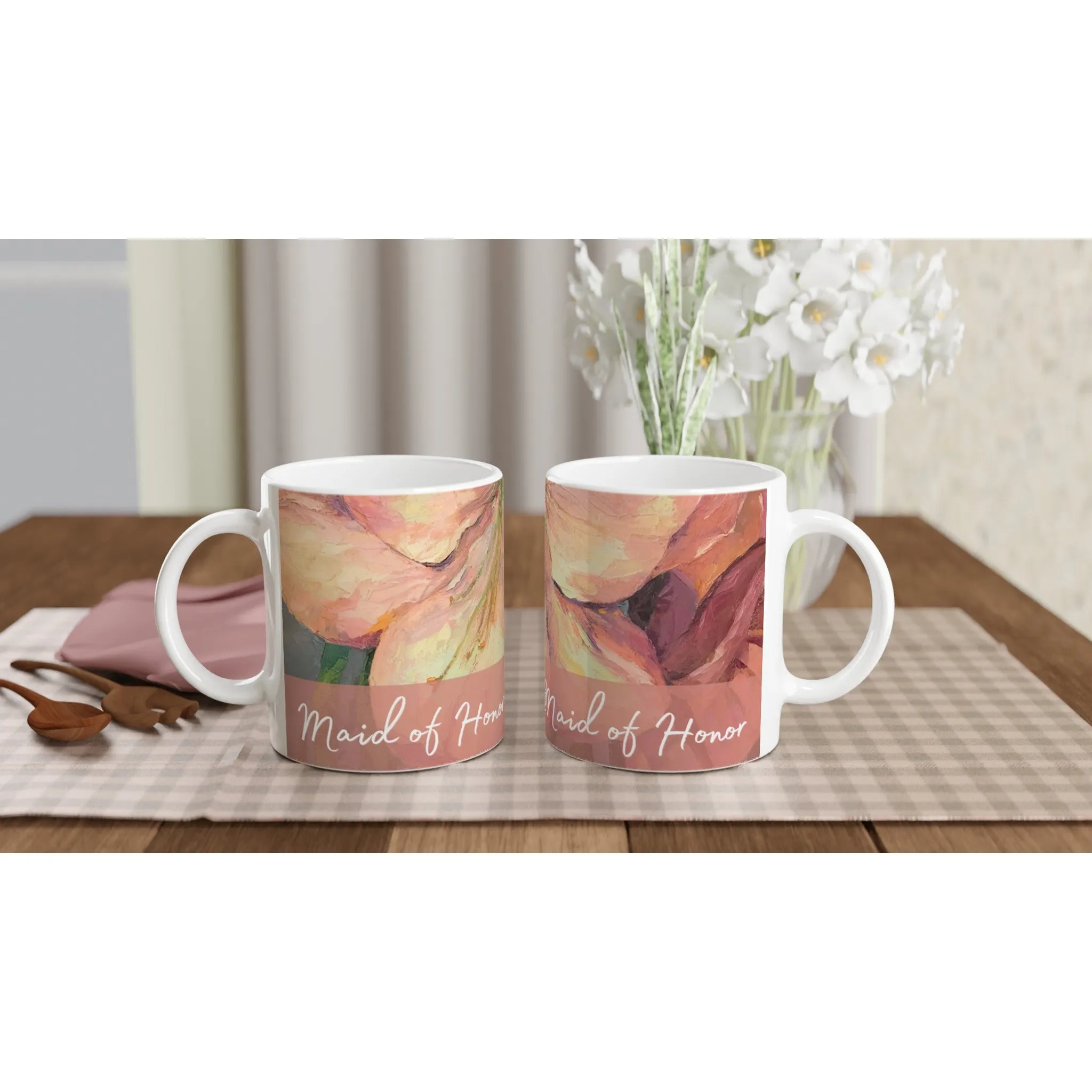 'Maid of Honor' 11oz White Ceramic Mug | Bridal Collection with 'Amaryllis' Artwork by American Artist Barbara Cleary