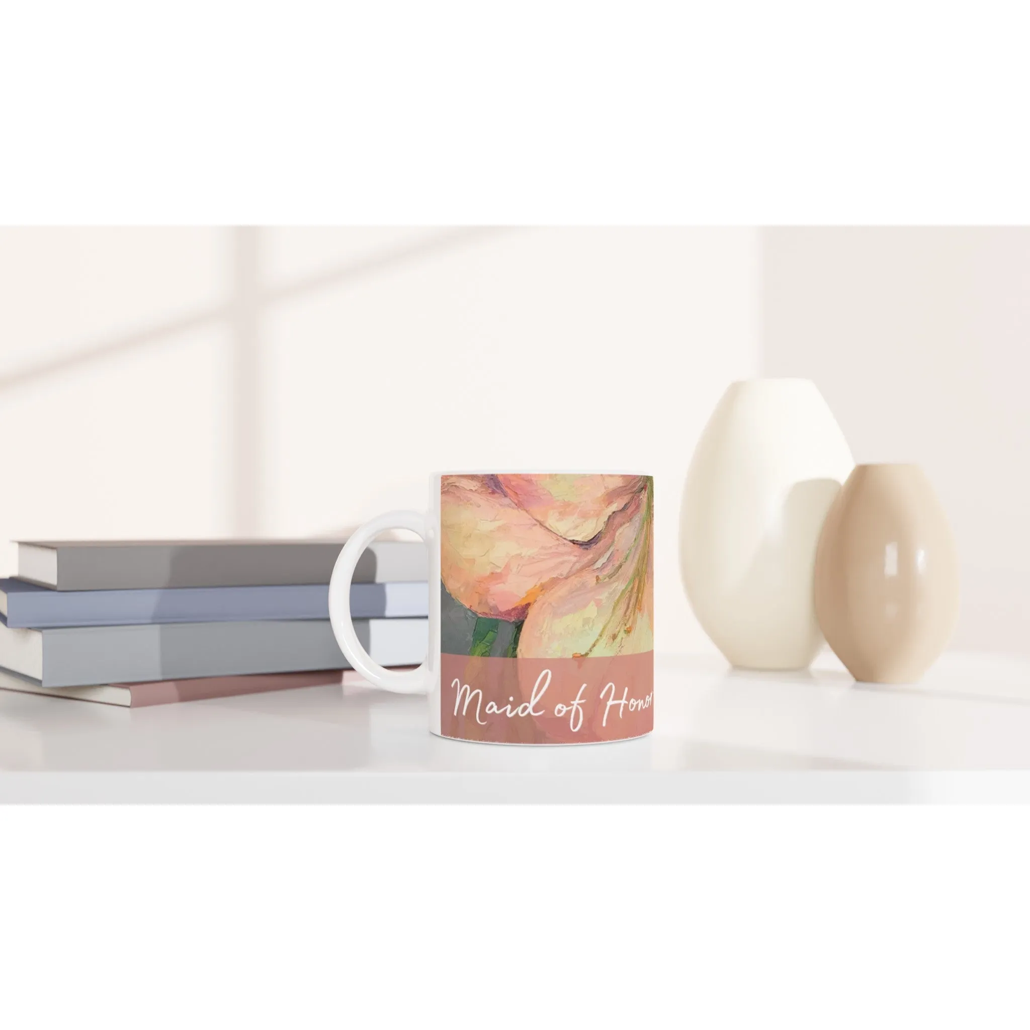 'Maid of Honor' 11oz White Ceramic Mug | Bridal Collection with 'Amaryllis' Artwork by American Artist Barbara Cleary