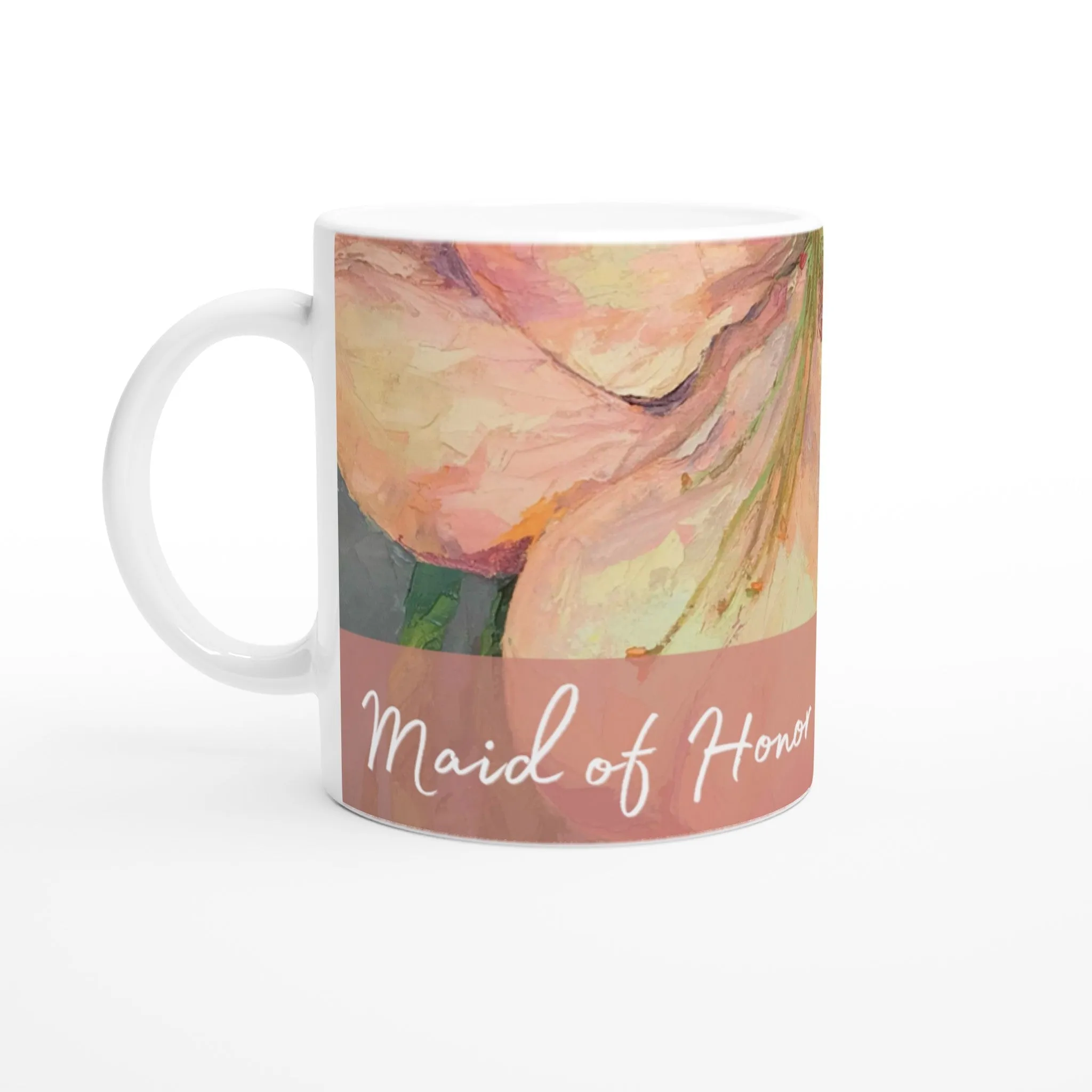 'Maid of Honor' 11oz White Ceramic Mug | Bridal Collection with 'Amaryllis' Artwork by American Artist Barbara Cleary