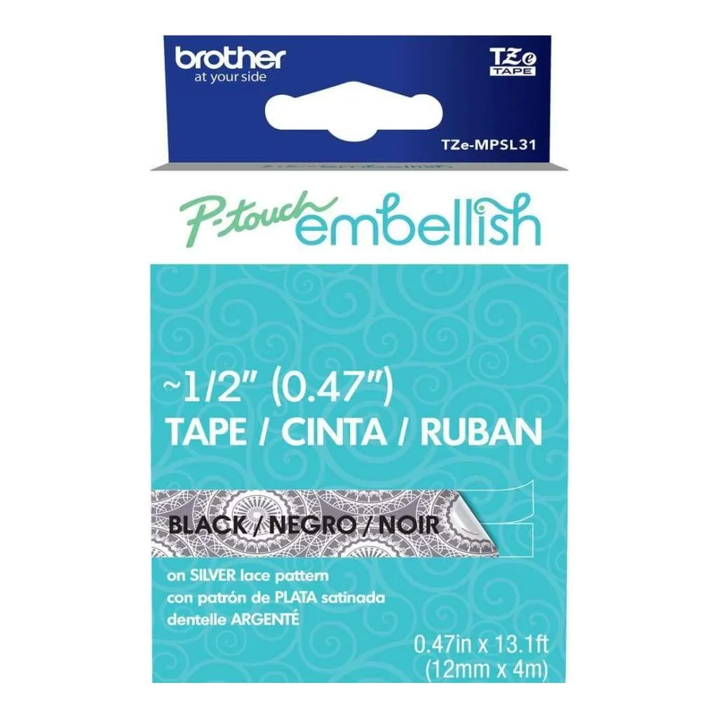 P-Touch Embellish Black Print Pattern Tape Silver Lace*