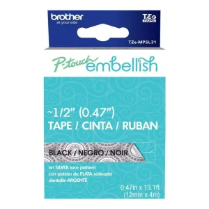 P-Touch Embellish Black Print Pattern Tape Silver Lace*