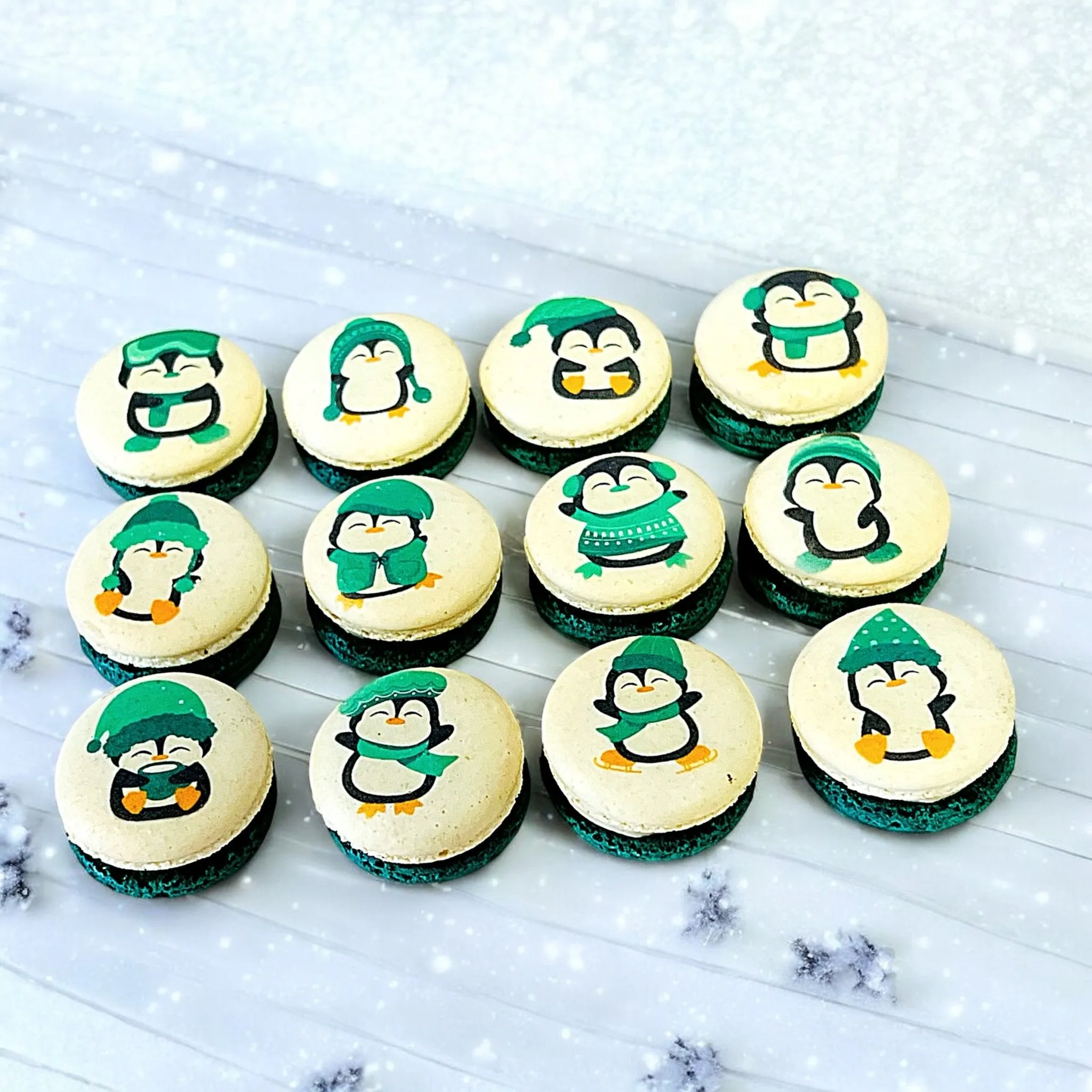 Penguin Winter Macaron Set - Green and White