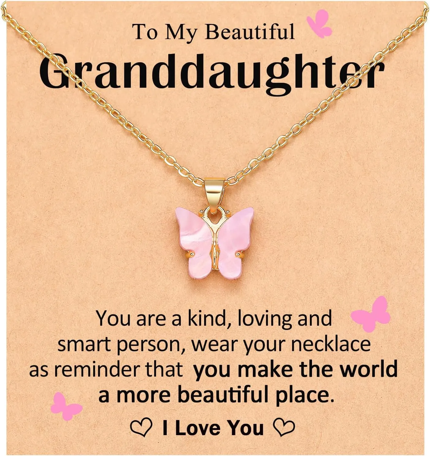 Pink Butterfly Necklace for Granddaughter Daughter Birthday Christmas Graduation Easter Gifts