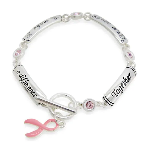 Pink Ribbon Breast Cancer Awareness Jewelry Crystal Engrave Link Toggle Bracelet