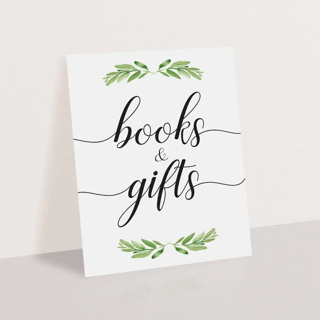 Printable Books and Gifts Sign for Greenery Themed Shower