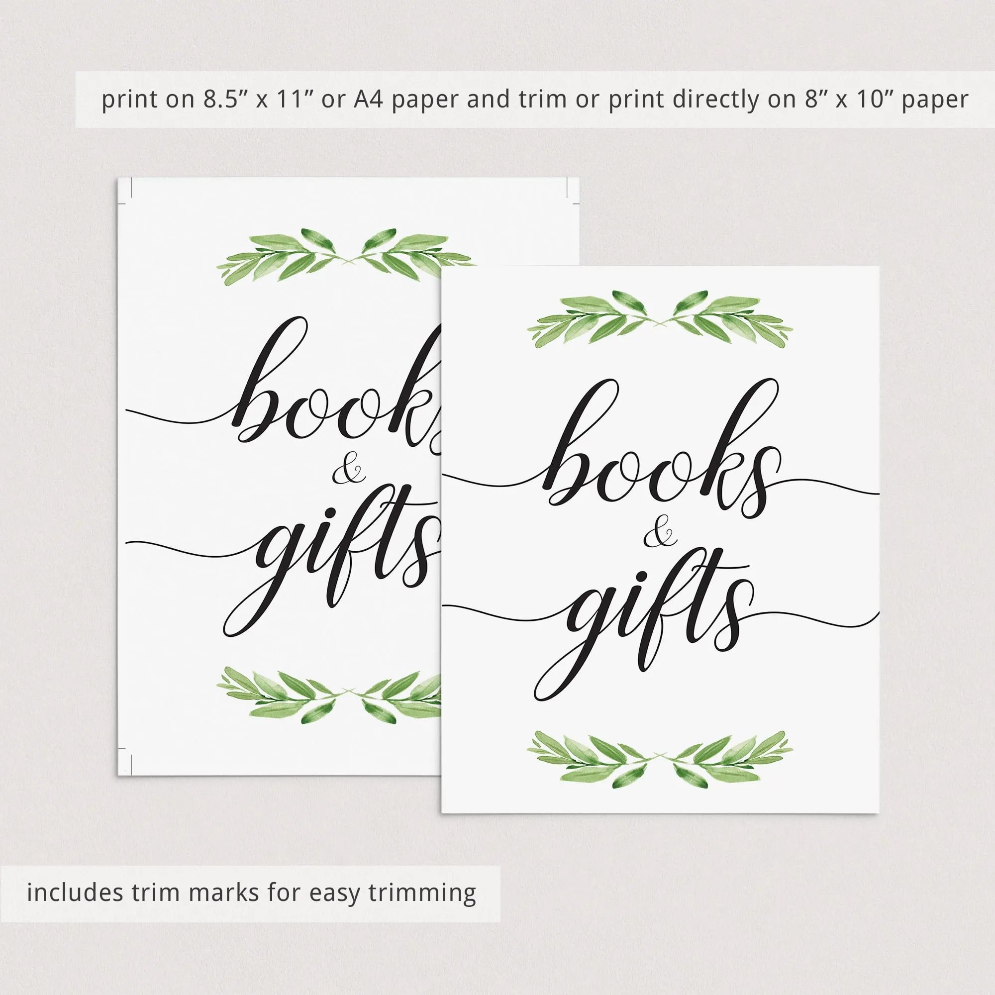 Printable Books and Gifts Sign for Greenery Themed Shower