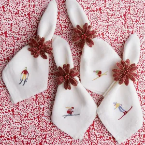 Skiers Embroidered Linen Napkin | Set of 4