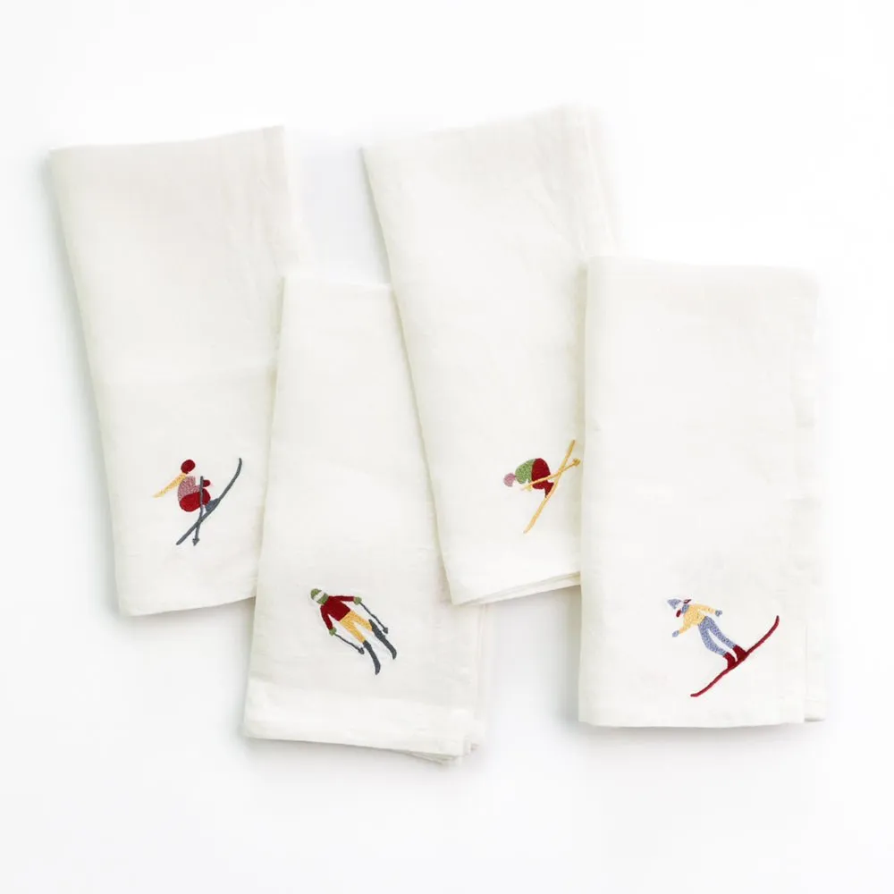 Skiers Embroidered Linen Napkin | Set of 4
