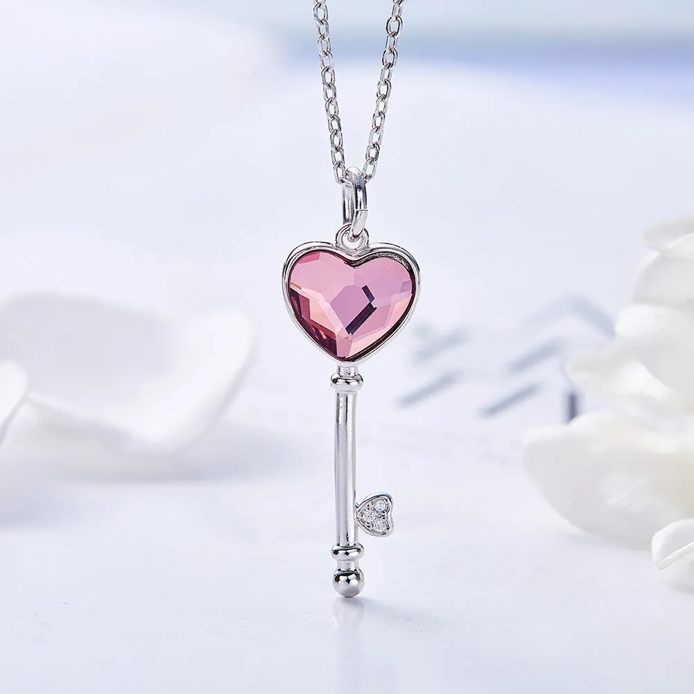 Sterling silver cute pink key necklace