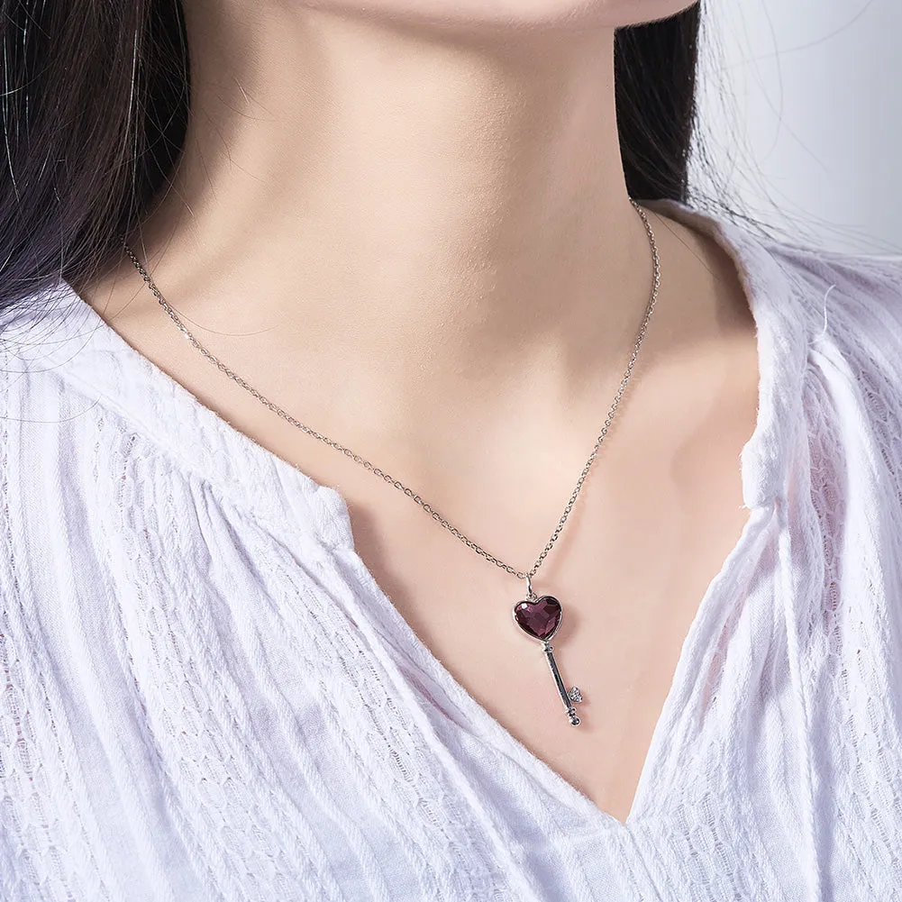 Sterling silver cute pink key necklace
