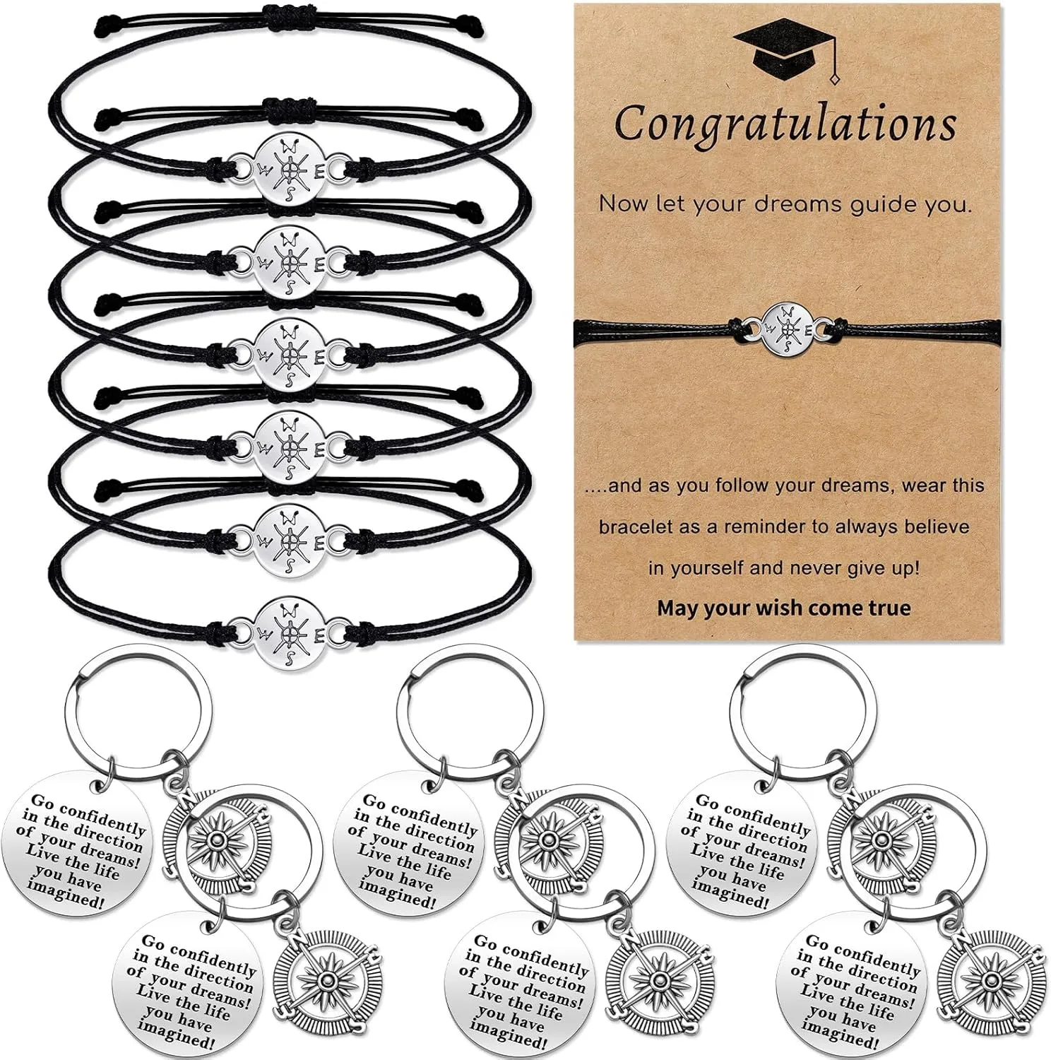 Sureio 12 Pcs 2025 Graduation Gift Bulk Set Graduation Bracelet Keychain Class of 2025 Inspirational Gift for Men Women (Elegant)